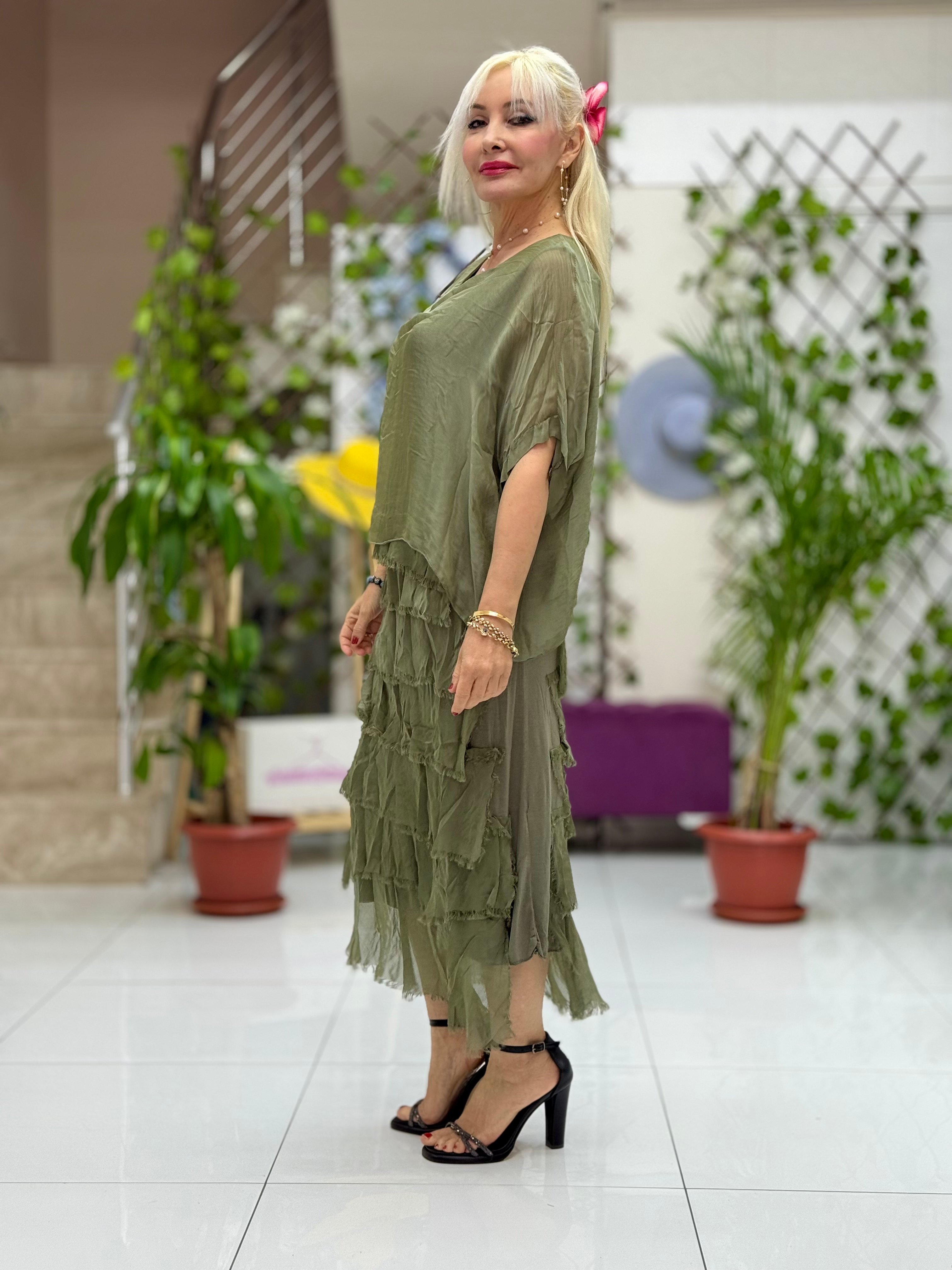 NC64740 İtalyan Katlı İpek Elbise Haki