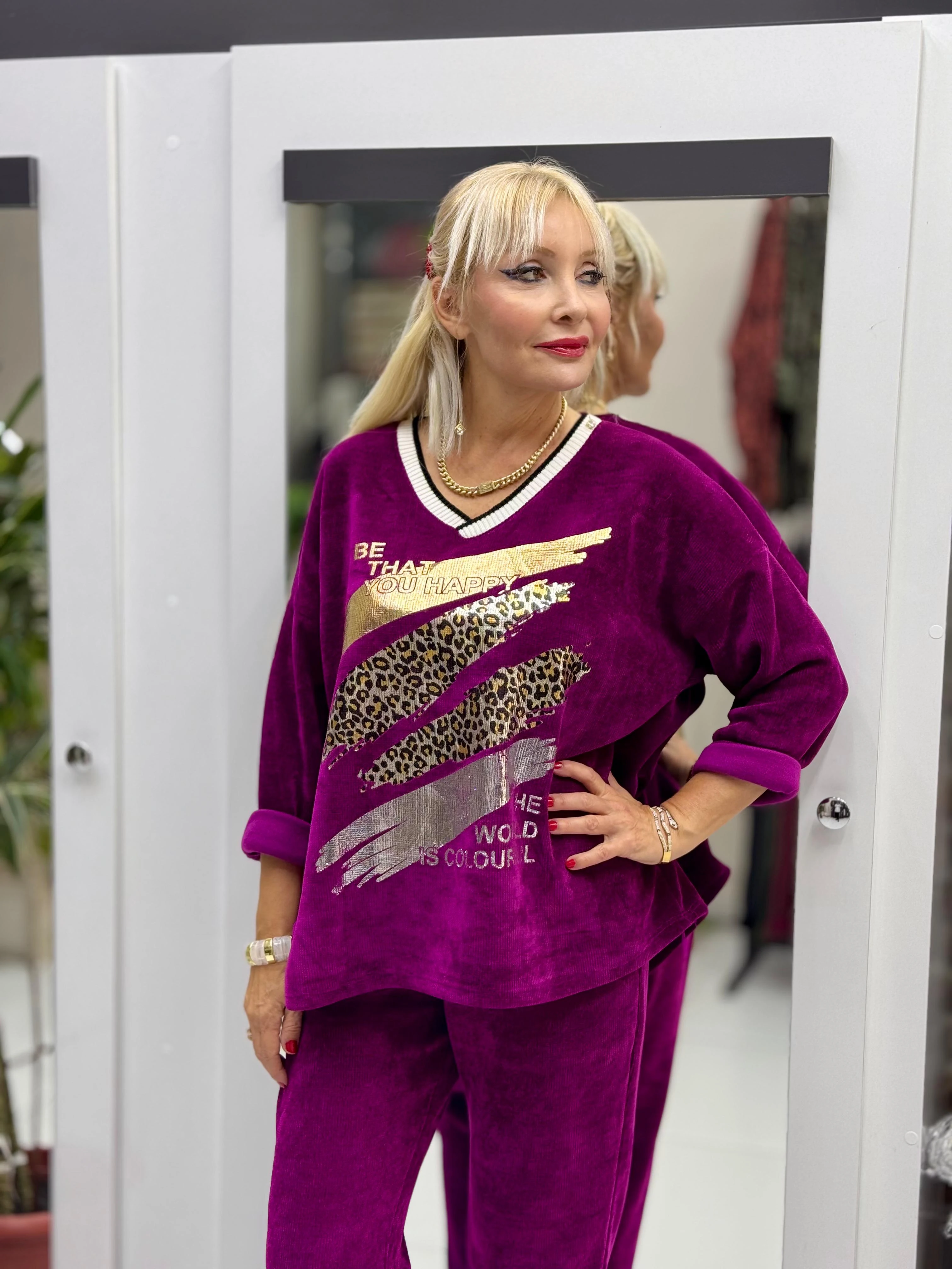 NC24155 Leopar Baskılı İtalyan Kadife Takım Eflatun