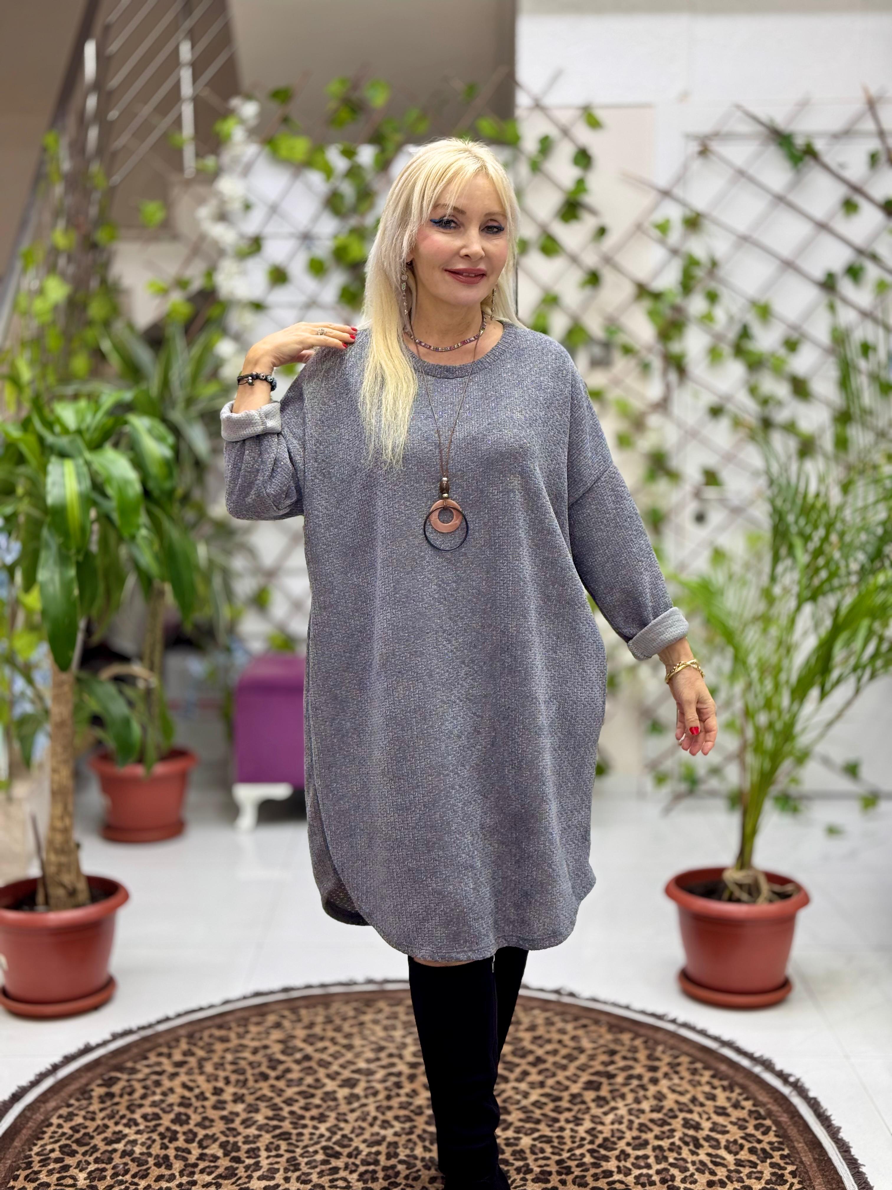 NC25158 Simit Yaka Kolyeli Simli İtalyan Kadife Elbise Gri