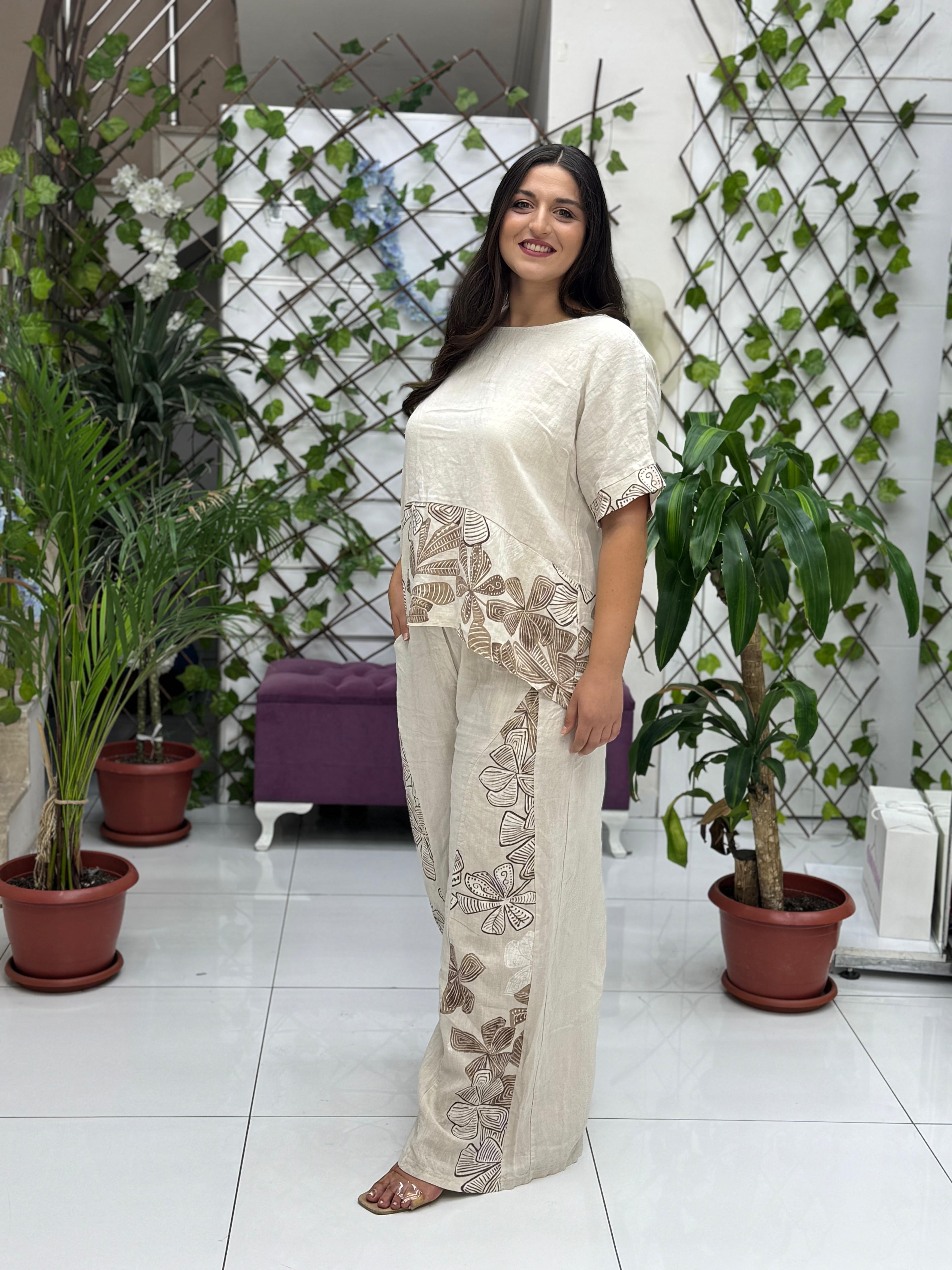 NC61253 İtalyan Çiçek Baskılı Keten Takım Krem