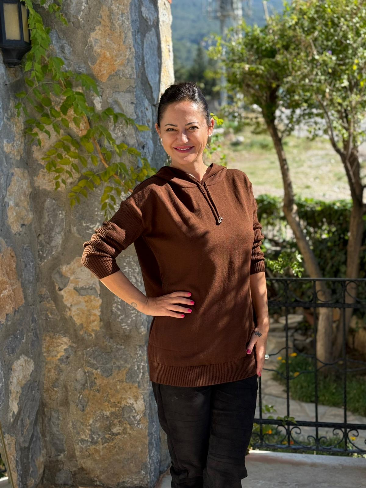 MT3096 Kapüşonlu Cepli Triko Sweatshirt Kahverengi