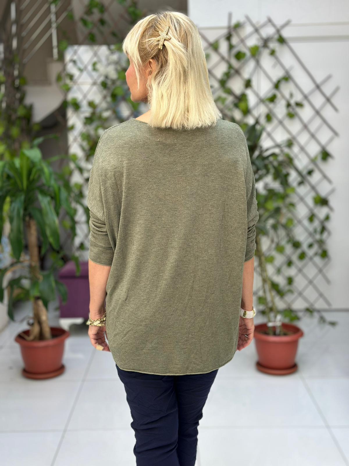 LS82681 İtalyan Taş Baskılı Triko Bluz Haki