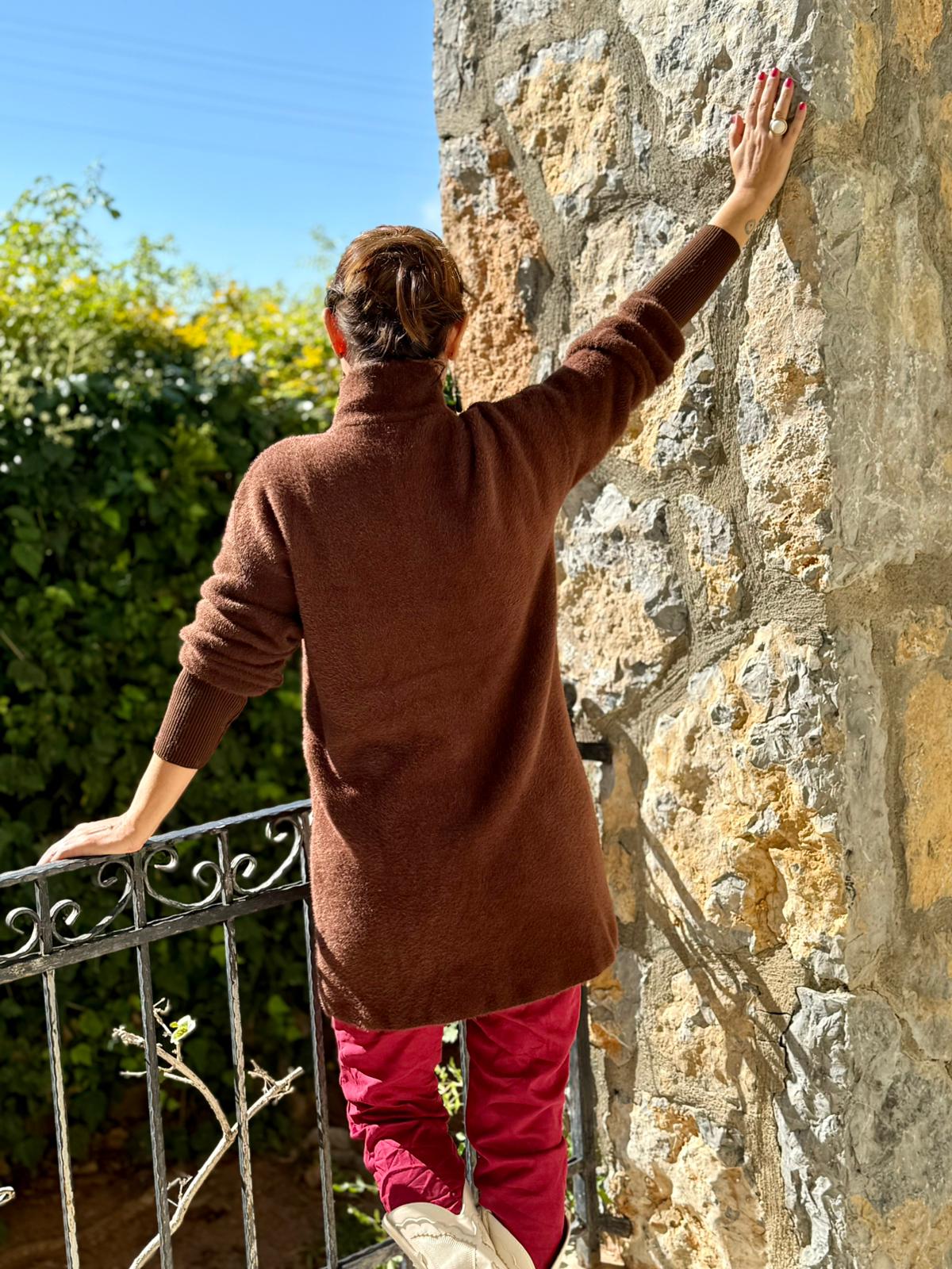 NC4079 Boydan Düğmeli Yün Kısa Hırka Kahverengi