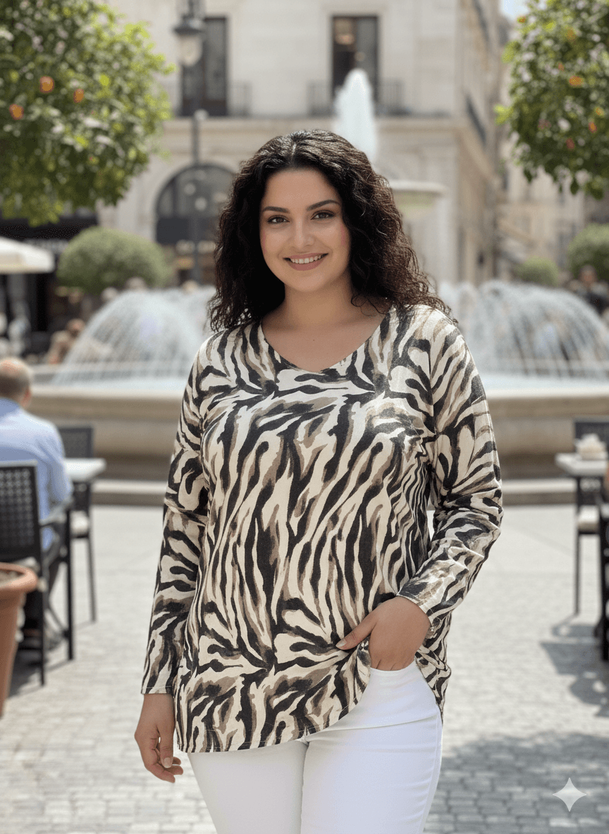 NC22884 Zebra Desenli Triko Bluz Krem