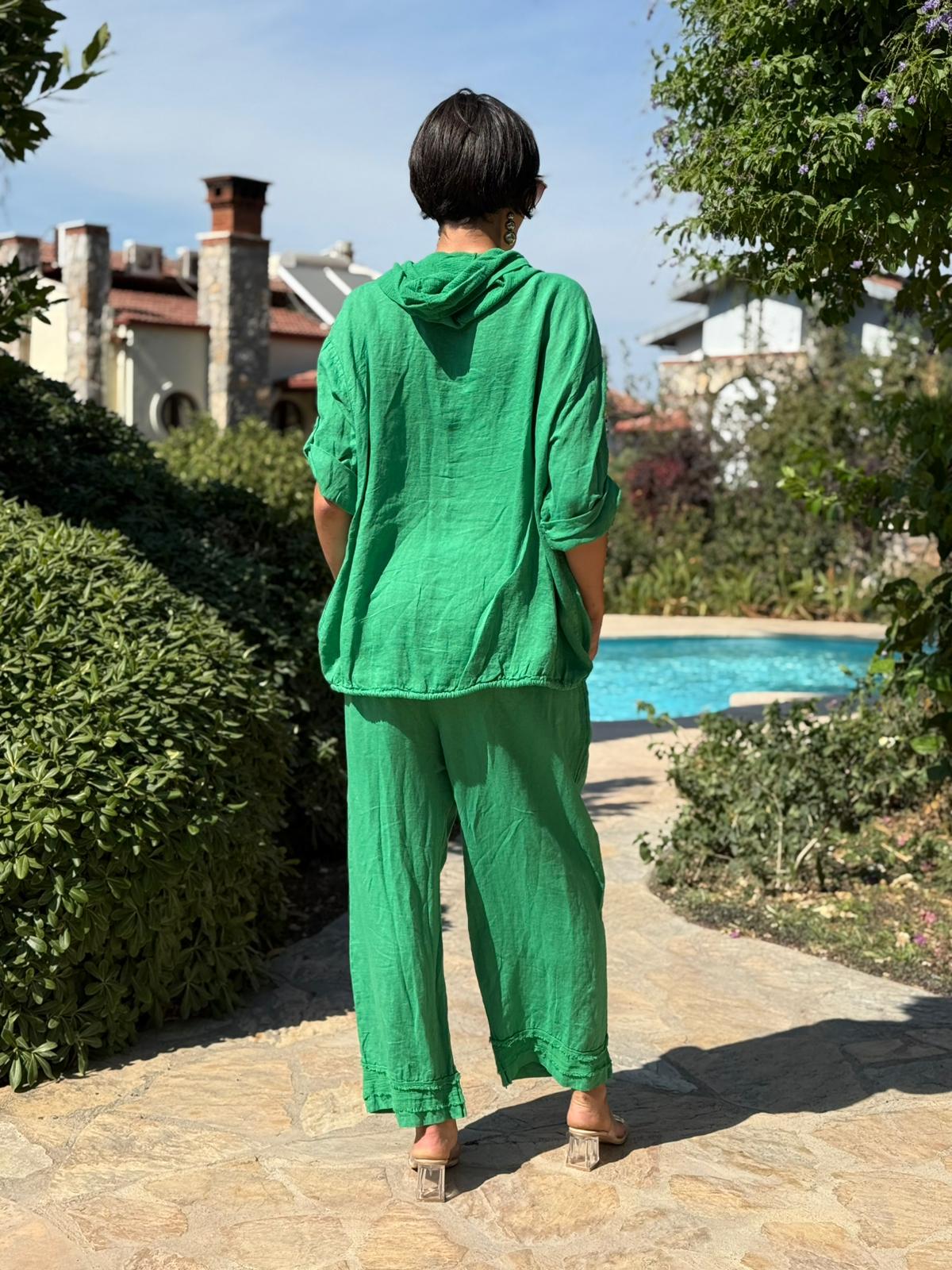 PT2256 İtalyan Önü Cepli Kapüşonlu Keten Takım Zümrüt
