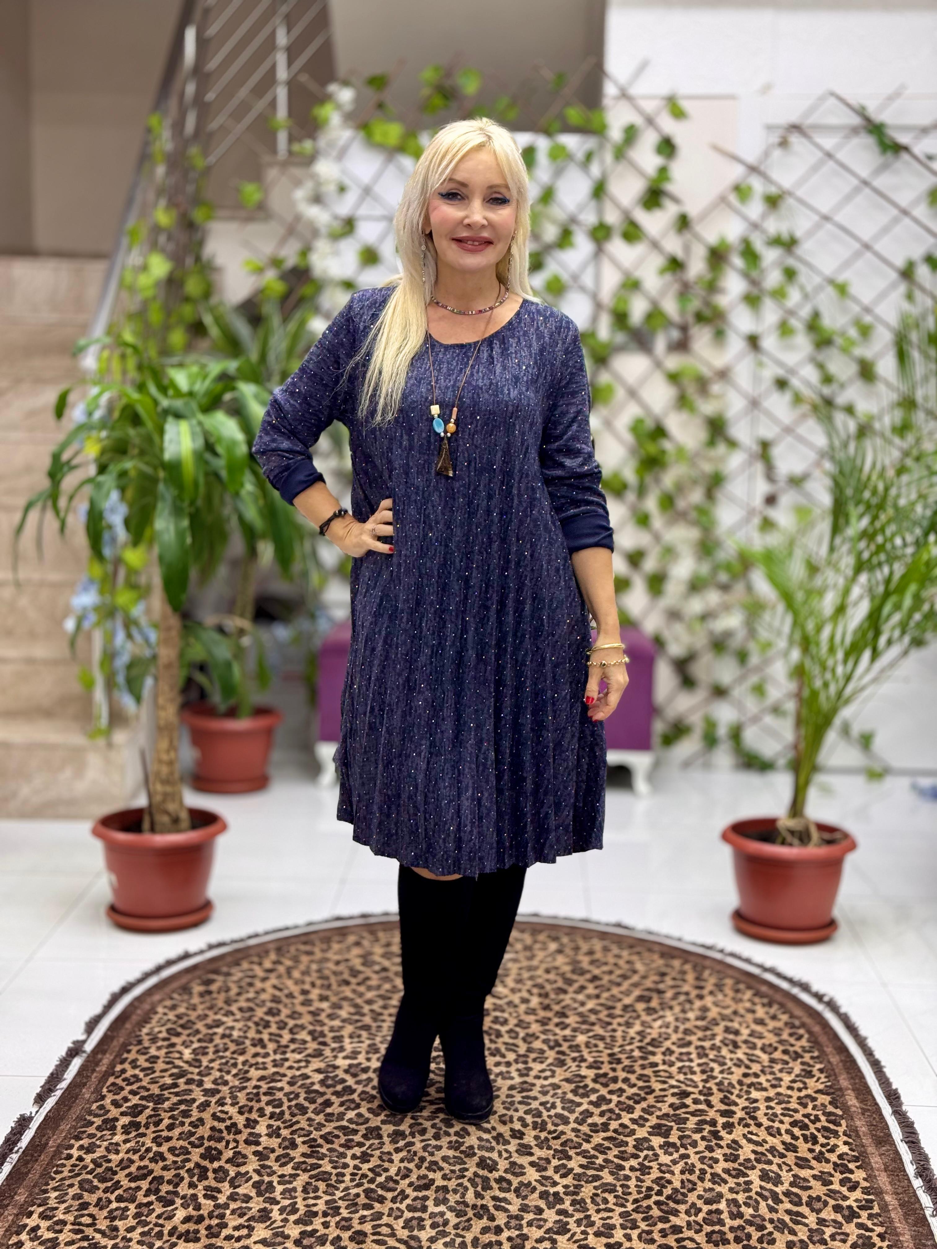 NC21419 Kolyeli Taşlı Pileli İtalyan Triko Elbise Lacivert