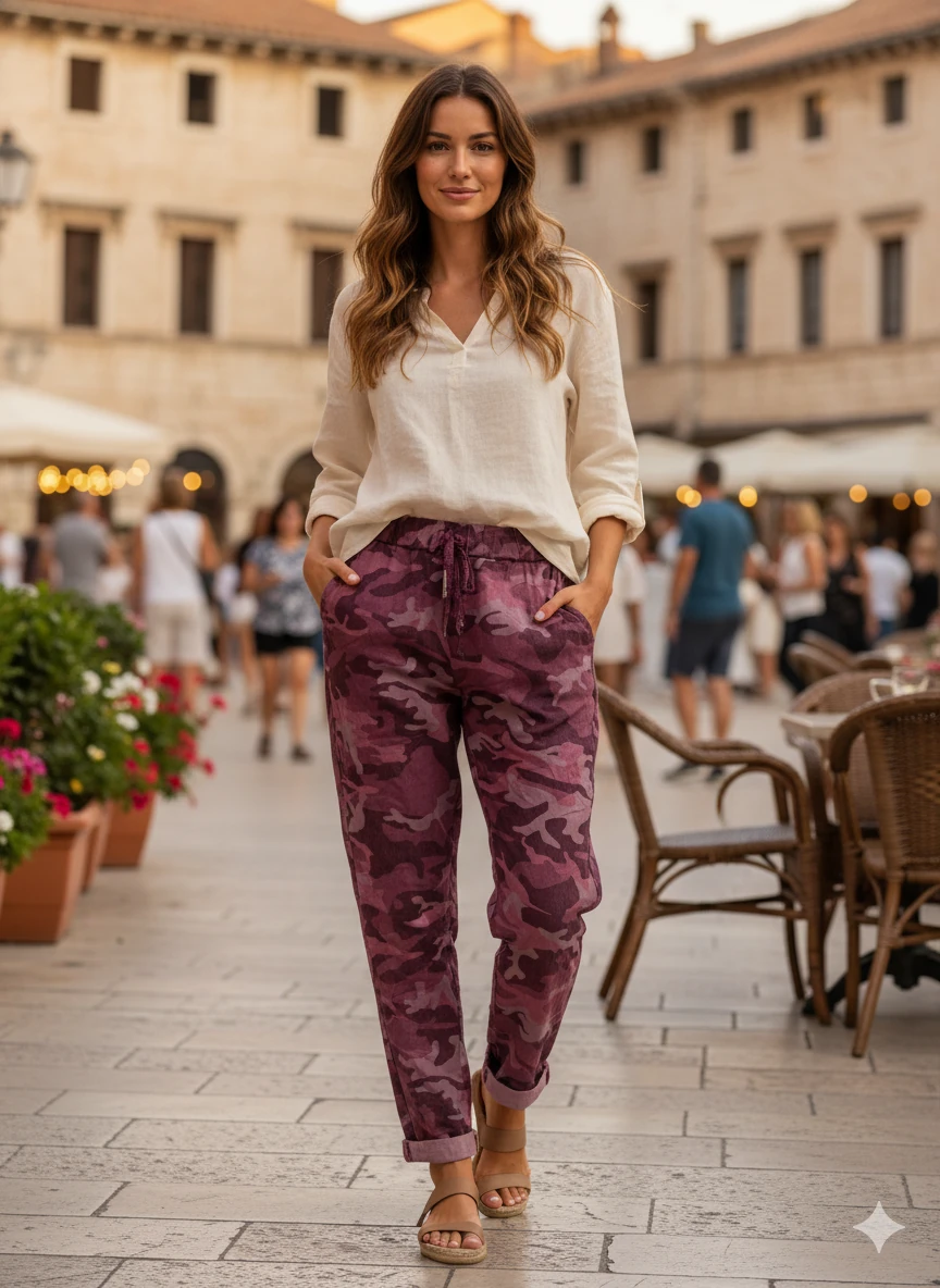 LS7312 Kamuflaj Desenli Likralı İtalyan Coton Pantolon Vişne