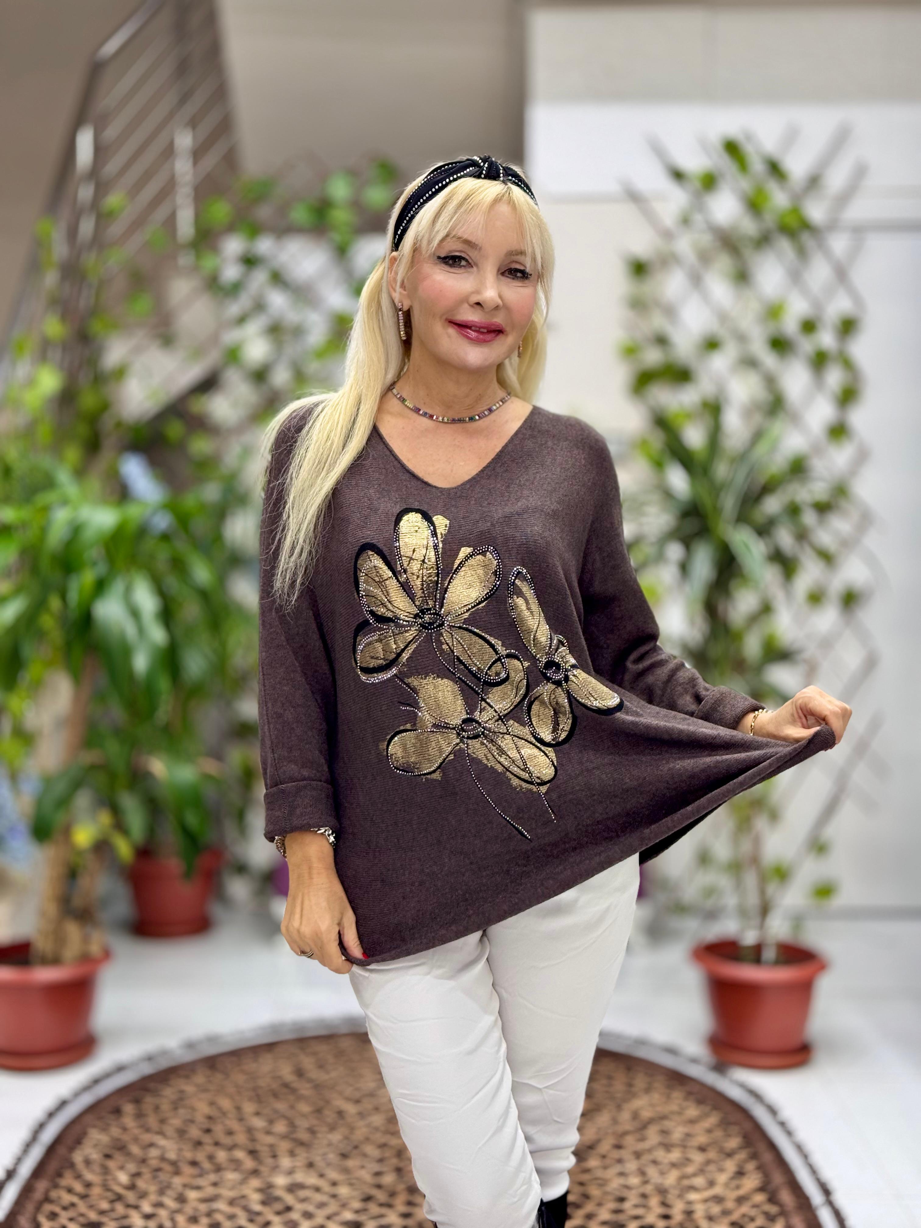 YG8022 Çiçek Desenli Taşlı İtalyan Triko Bluz Kahverengi