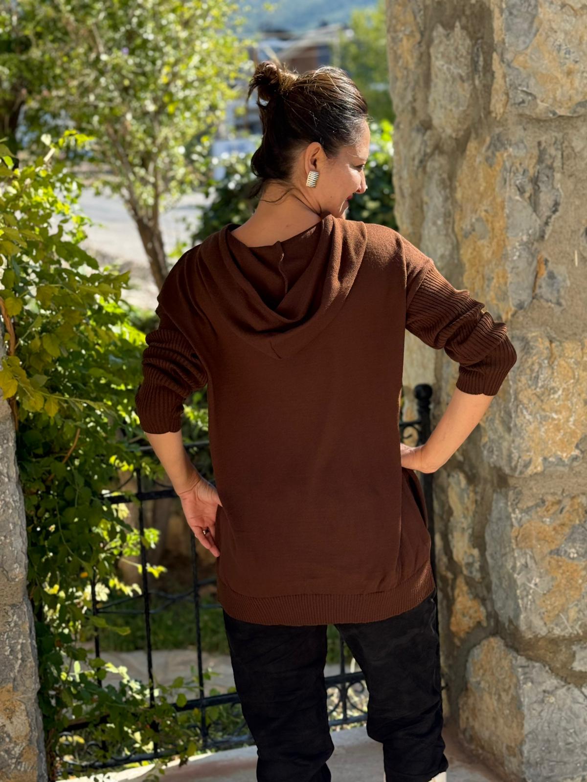 MT3096 Kapüşonlu Cepli Triko Sweatshirt Kahverengi