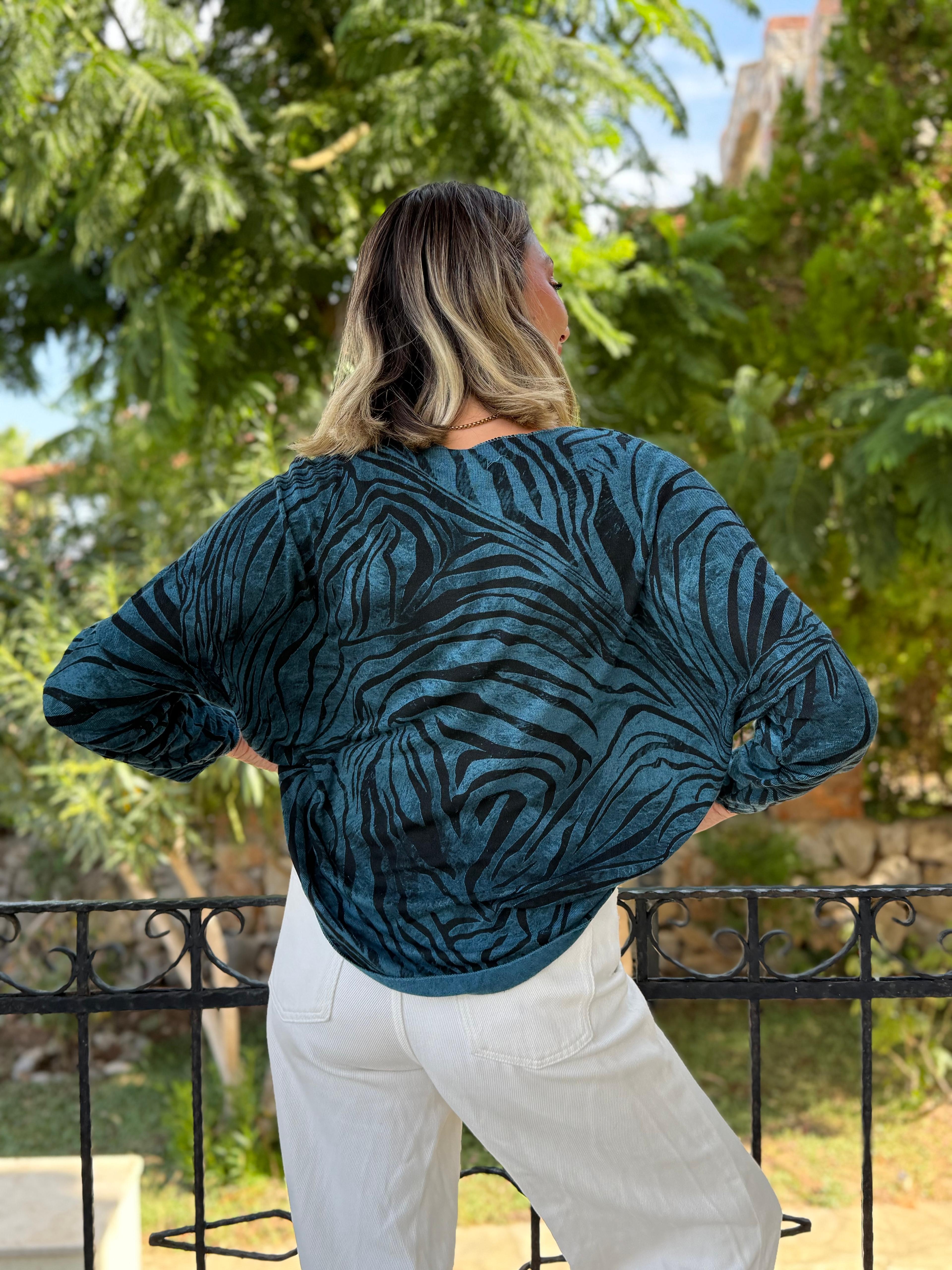 NC11285 İtalyan V Yaka Zebra Desenli Triko Bluz Petrol