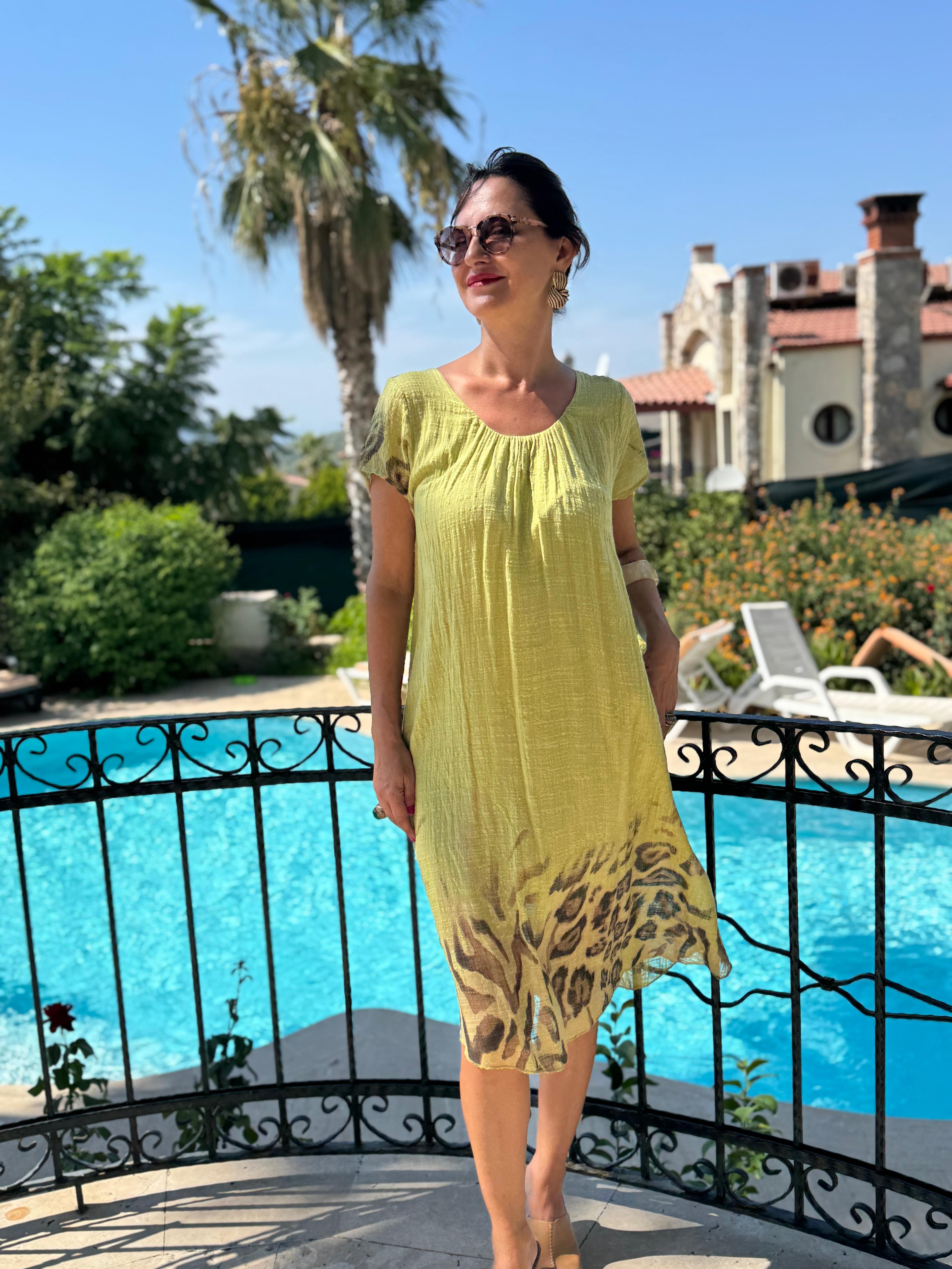 NC50848 İtalyan Pamuk Keten Astarlı Elbise Fıstık