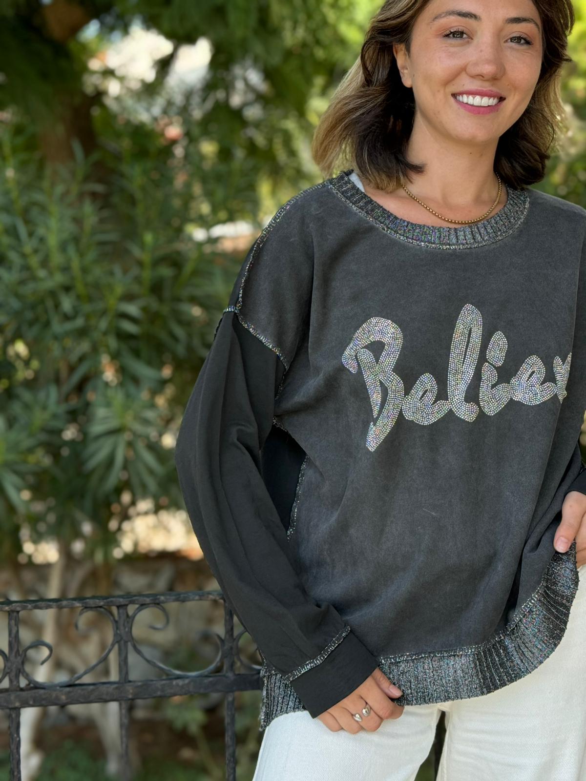 NC58939 İtalyan Believe Taşlı Sweatshirt Siyah