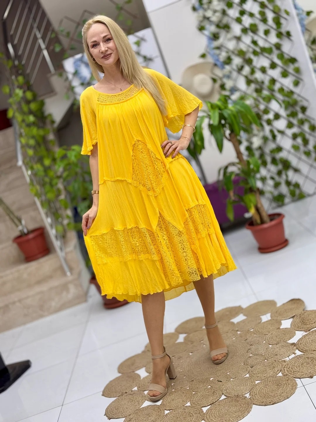 VL11055 Pencereli Vual Elbise Sarı