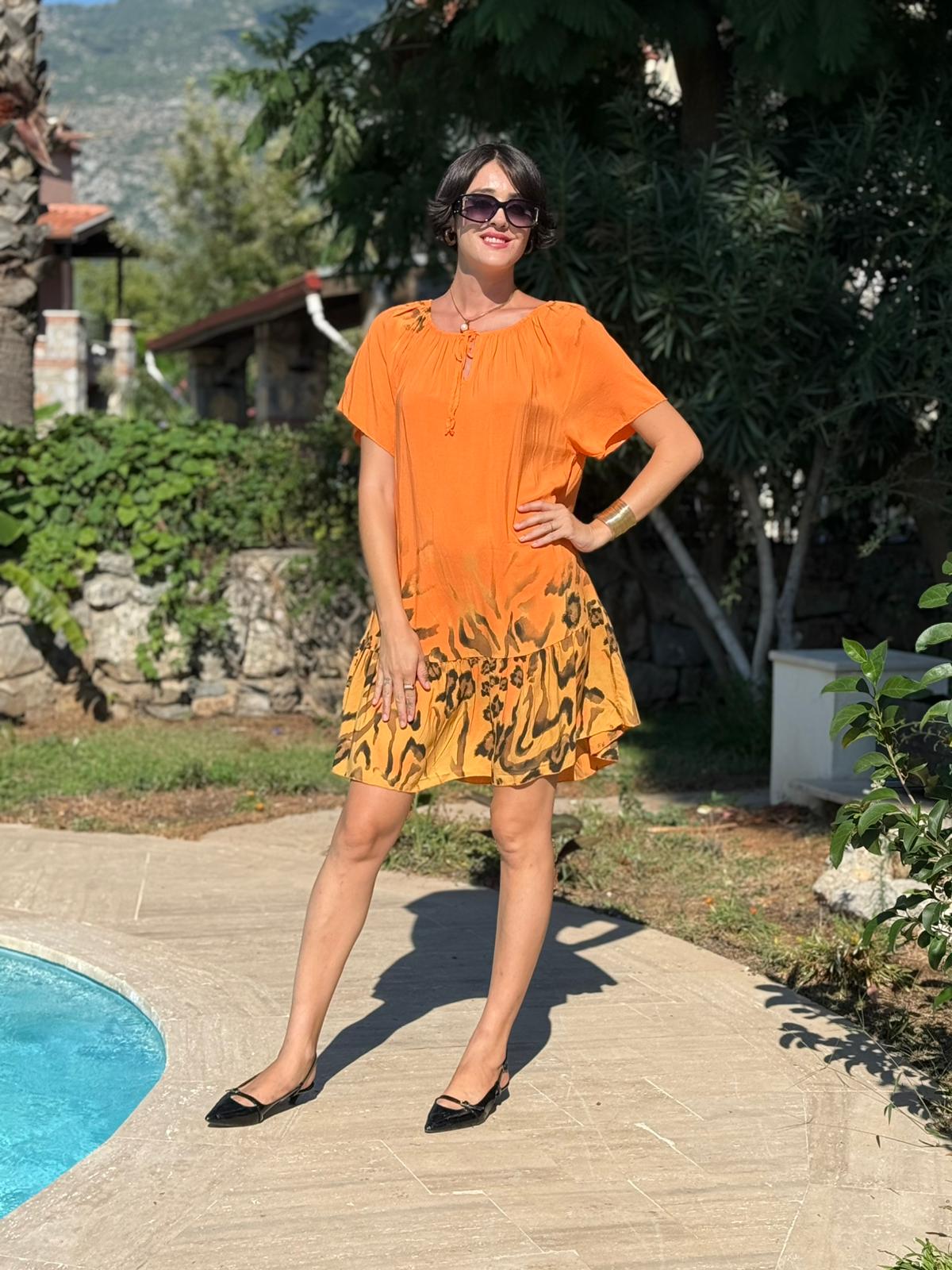 NC10526 İtalyan Yaka Lastikli Leoparlı Coton Elbise Oranj