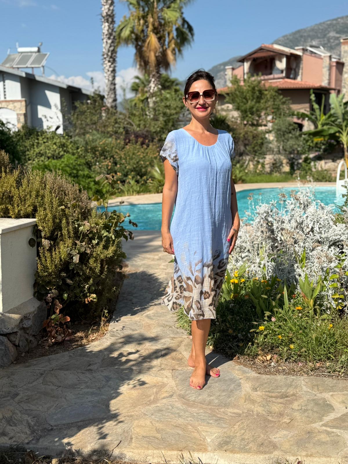 NC50848 İtalyan Pamuk Keten Astarlı Elbise Mavi