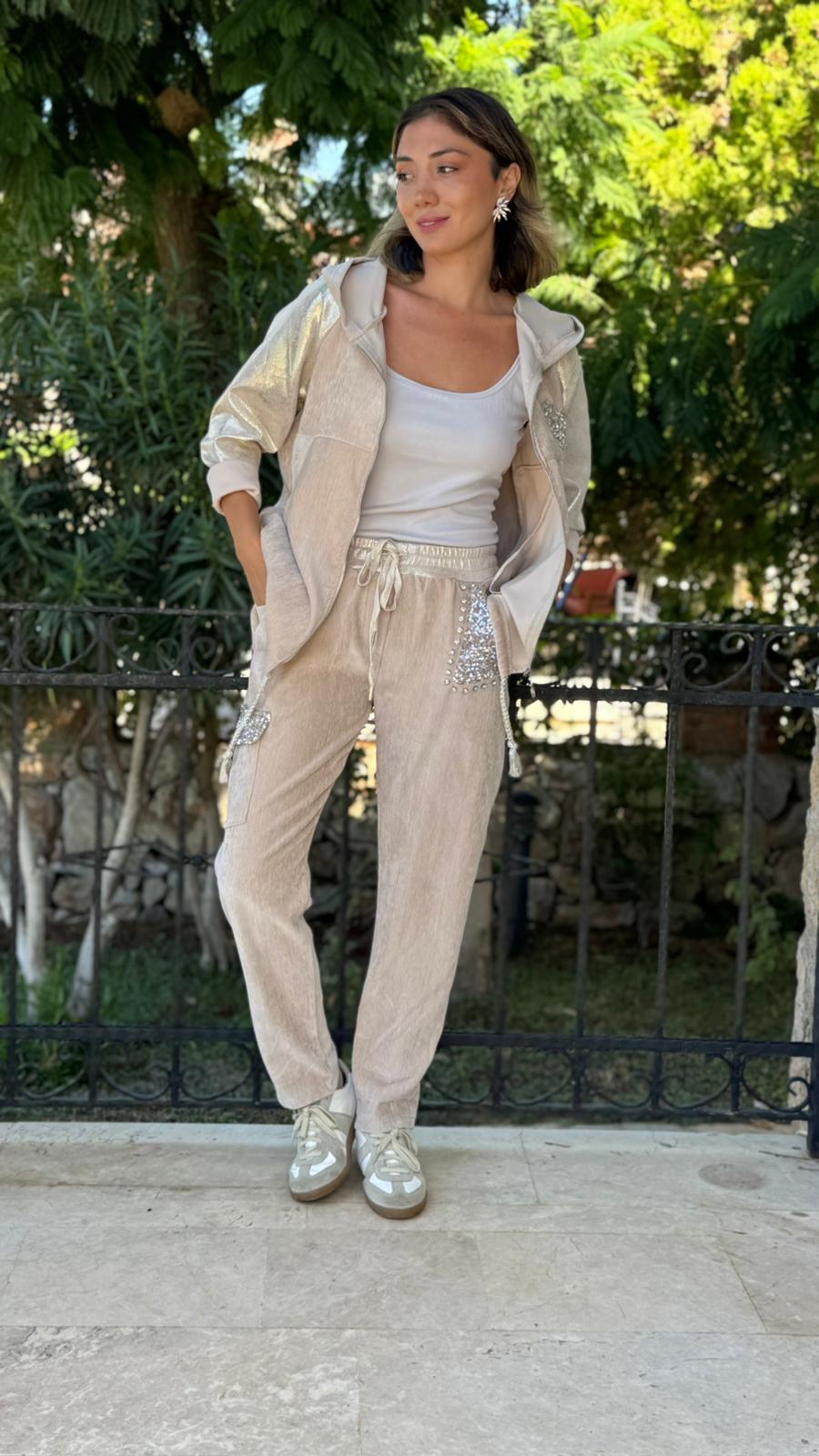 LS13220 İtalyan Cebi Taşlı Kadife Pantolon Bej