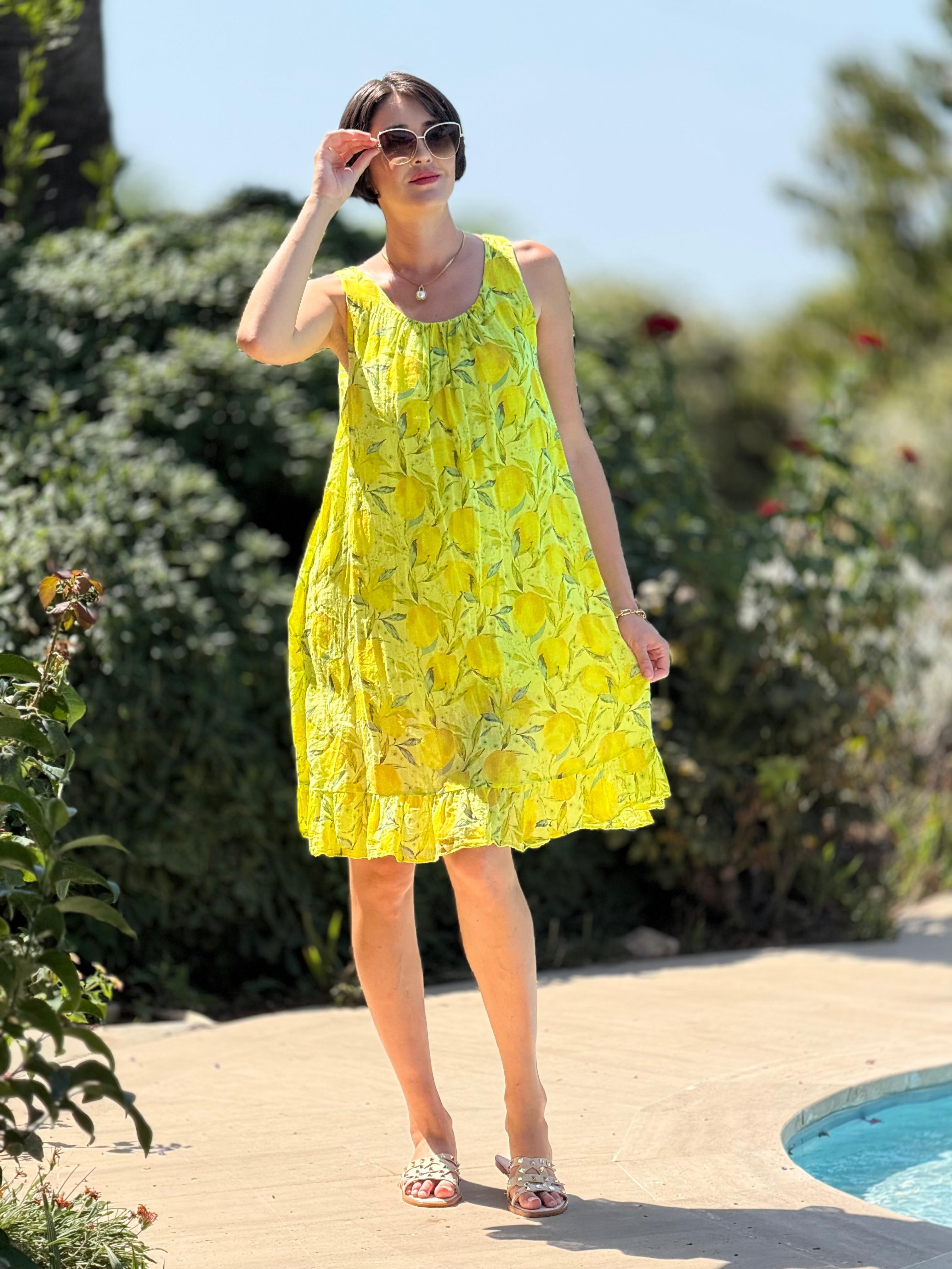 YG205030 İtalyan Coton Limon Desen Elbise Fıstık