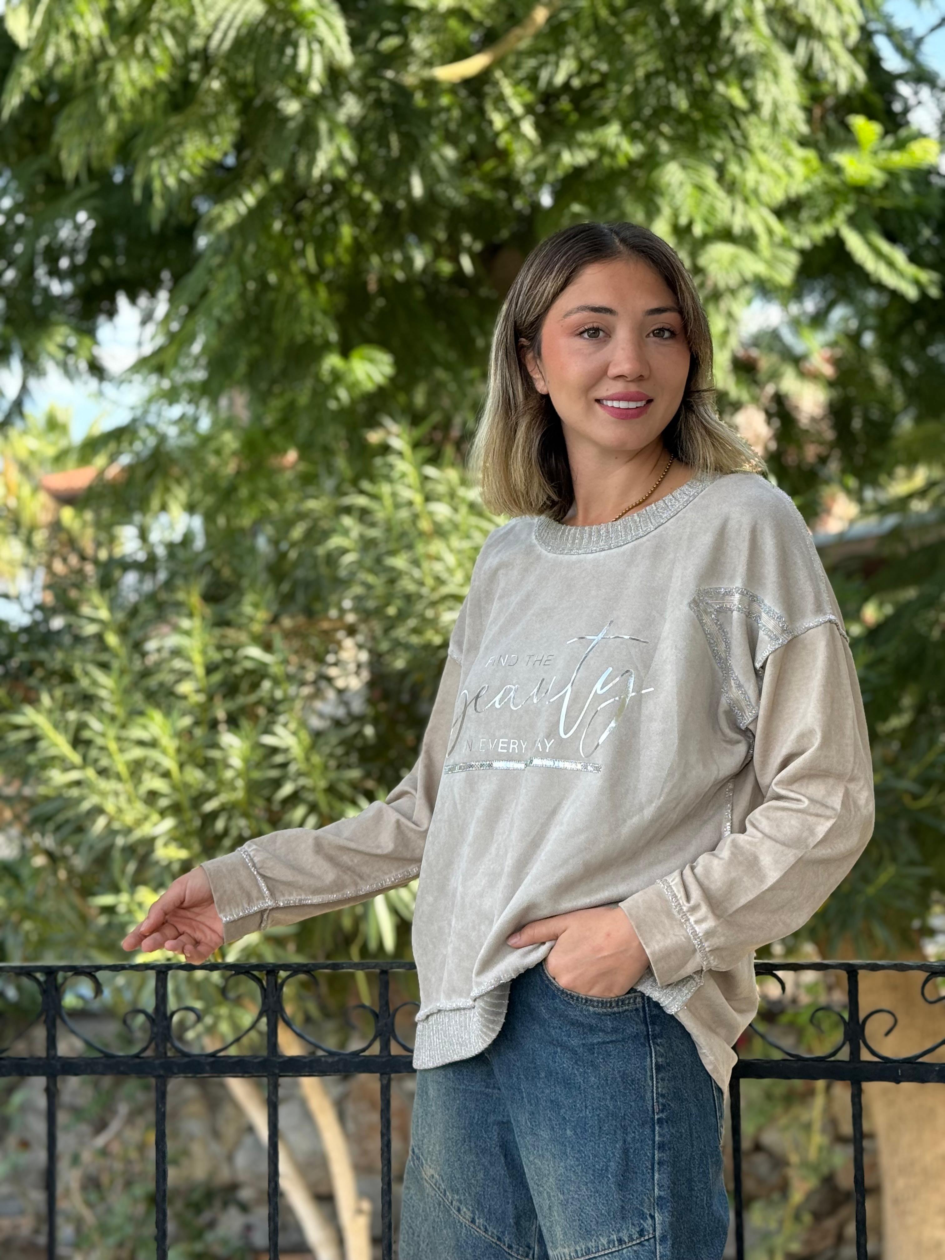 NC50793 İtalyan Beauty Yazılı Coton Sweatshirt Krem