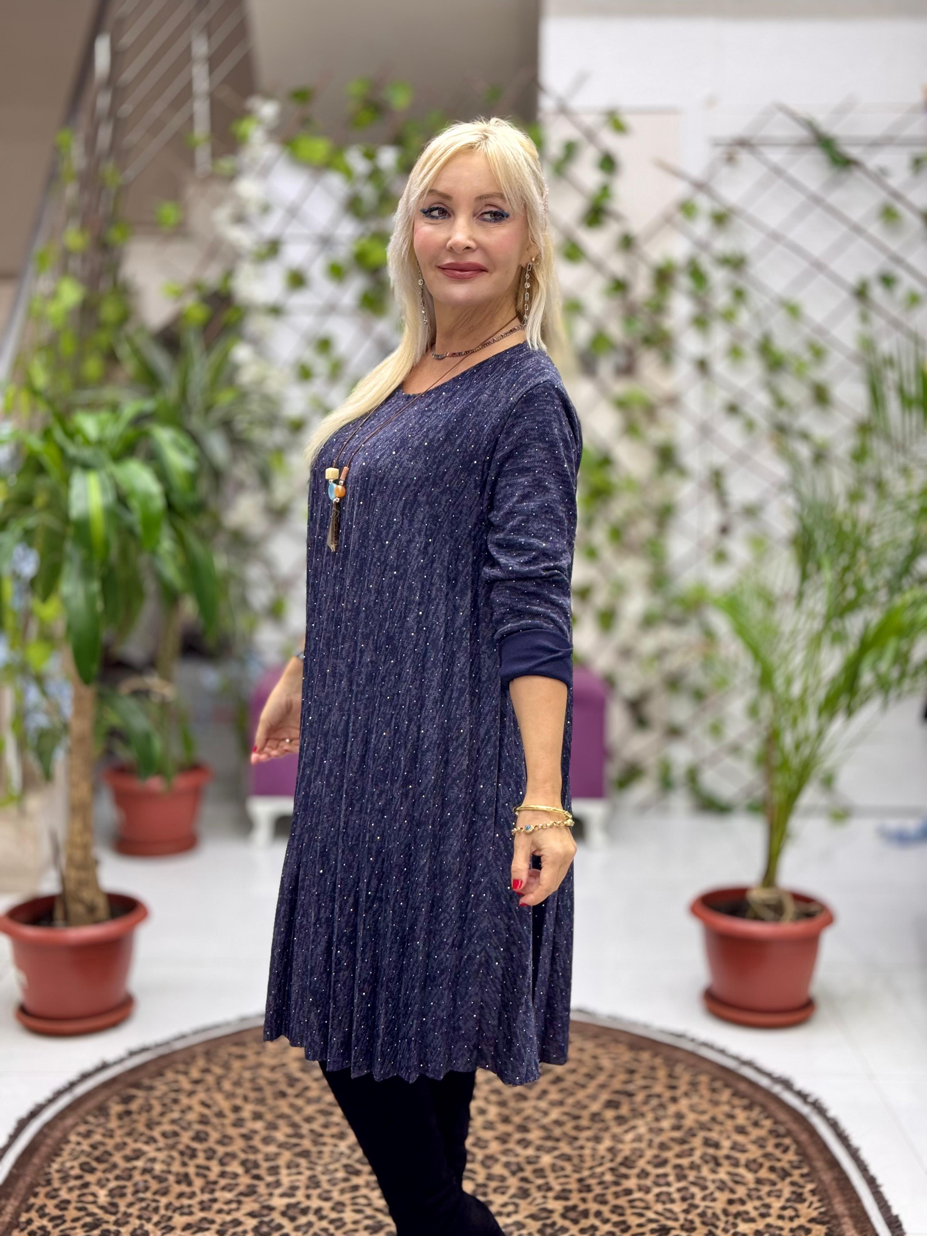 NC21419 Kolyeli Taşlı Pileli İtalyan Triko Elbise Lacivert