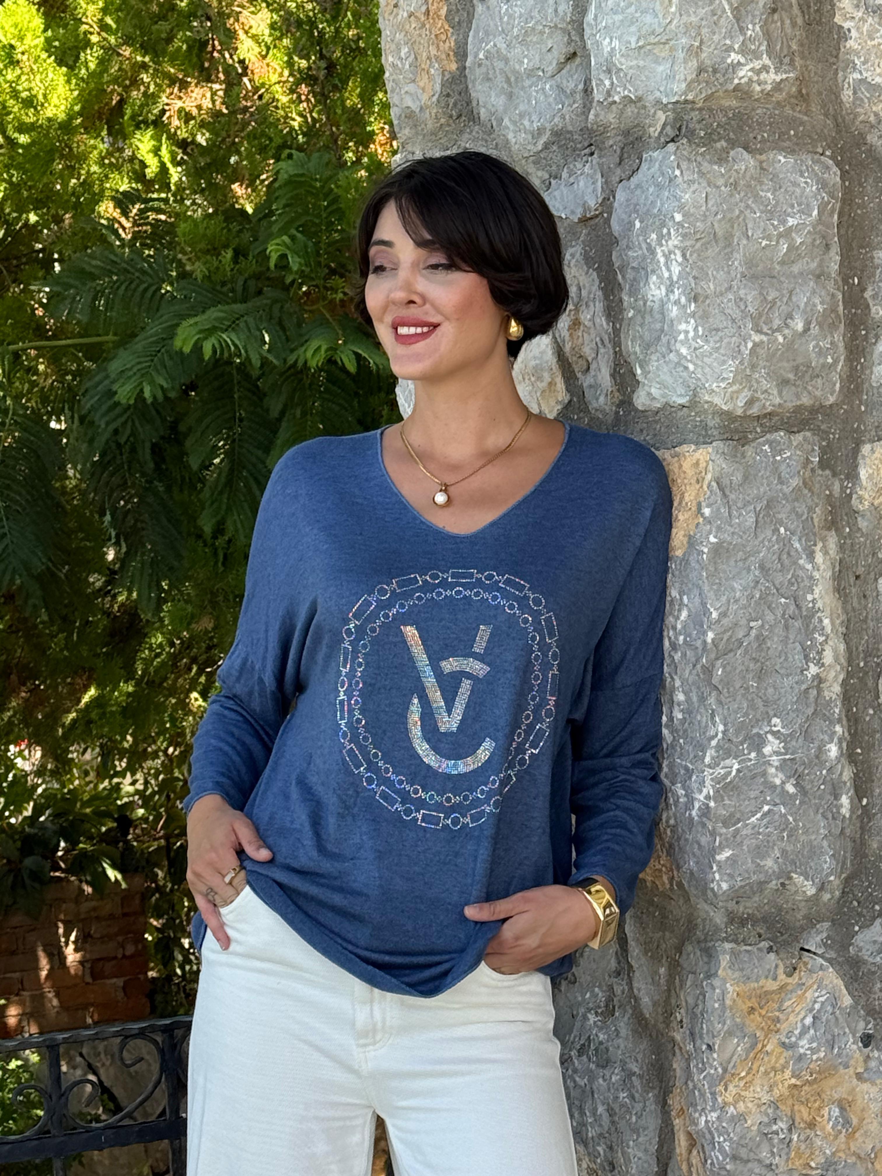 FXLS82681 İtalyan Taş Baskılı Triko Bluz Marin