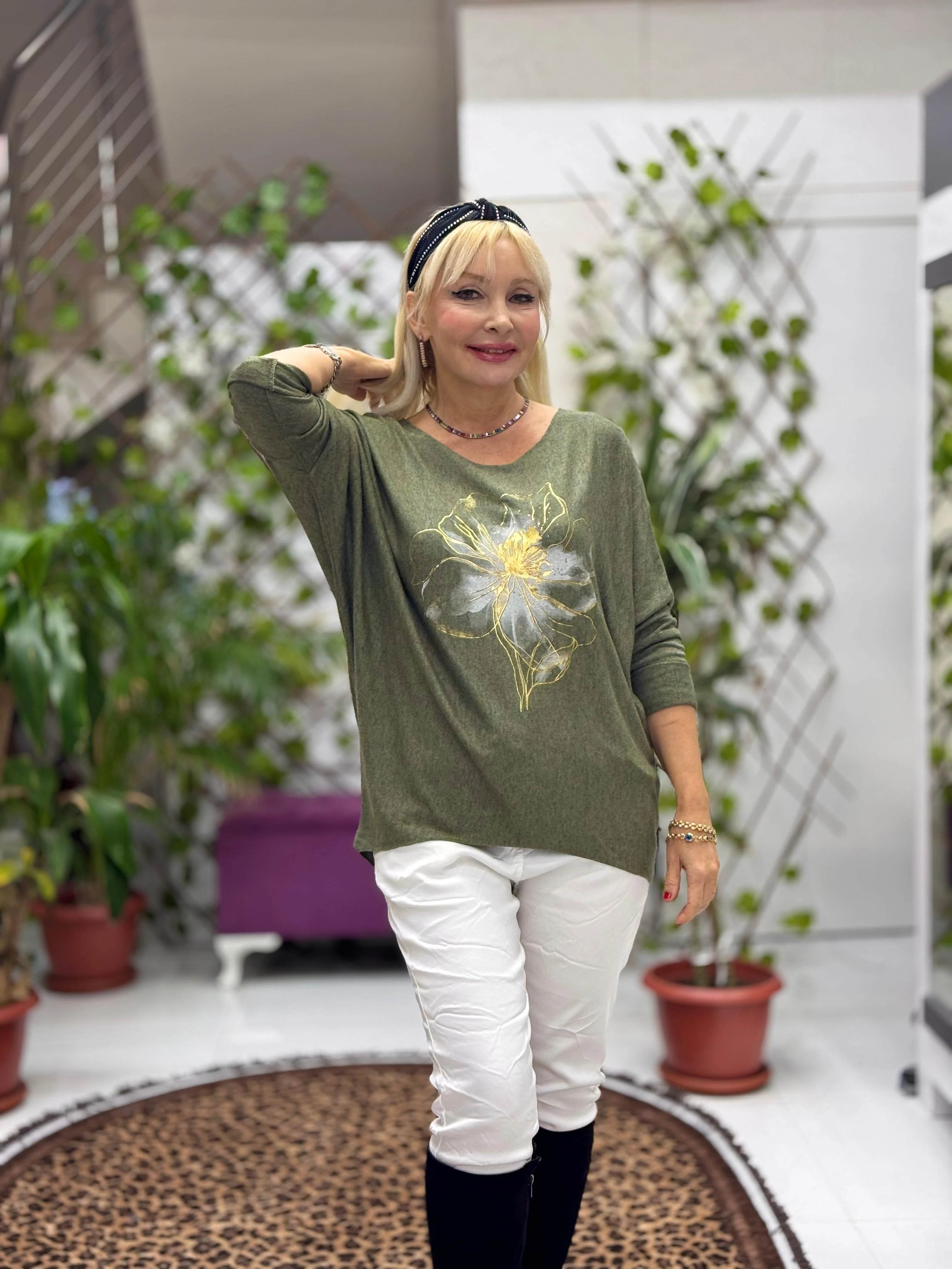 YG3003 Çiçek Baskılı İtalyan Triko Bluz Haki