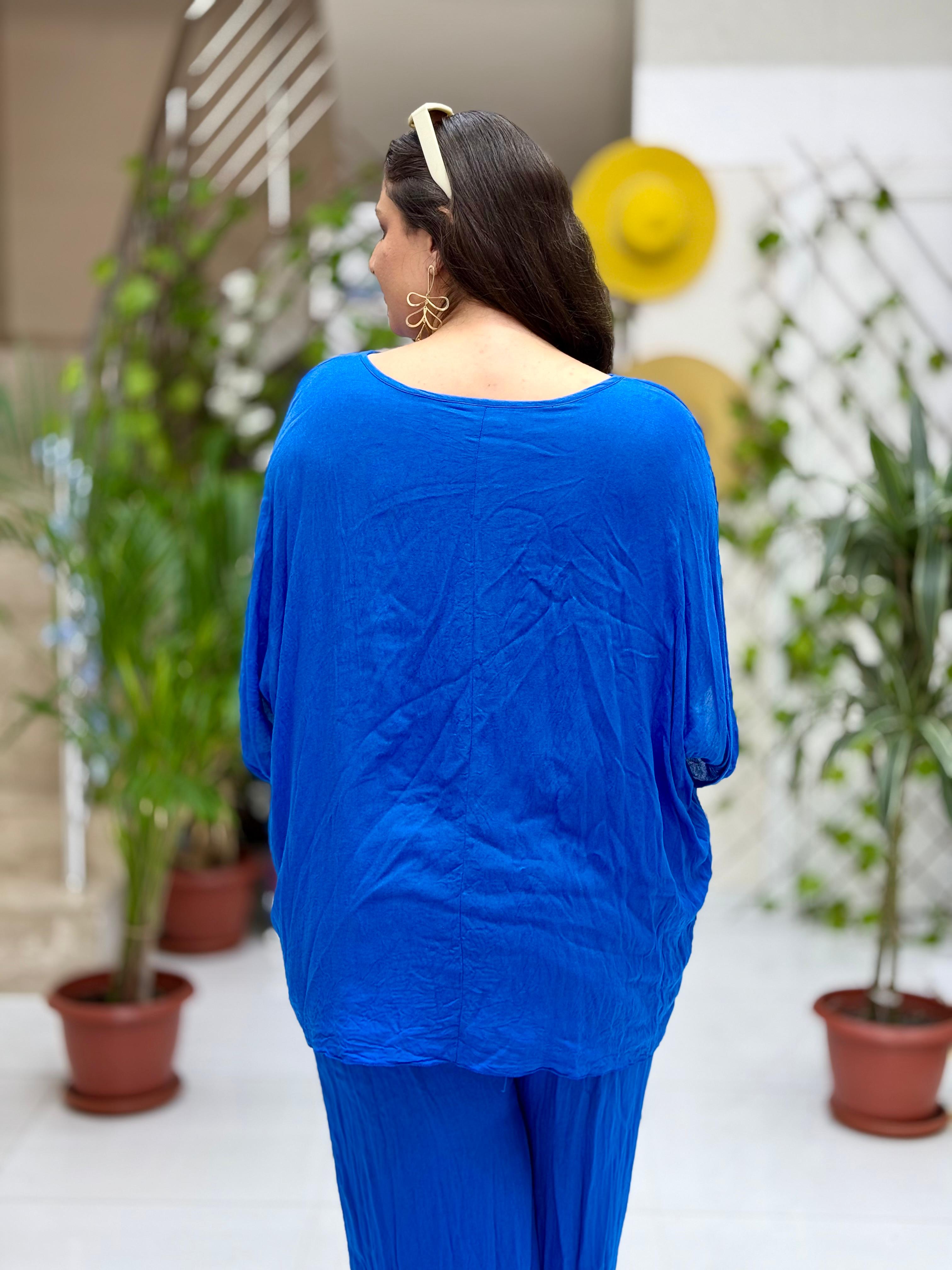VL3009 Yarasa Kol Baskılı Vual Bluz Saks