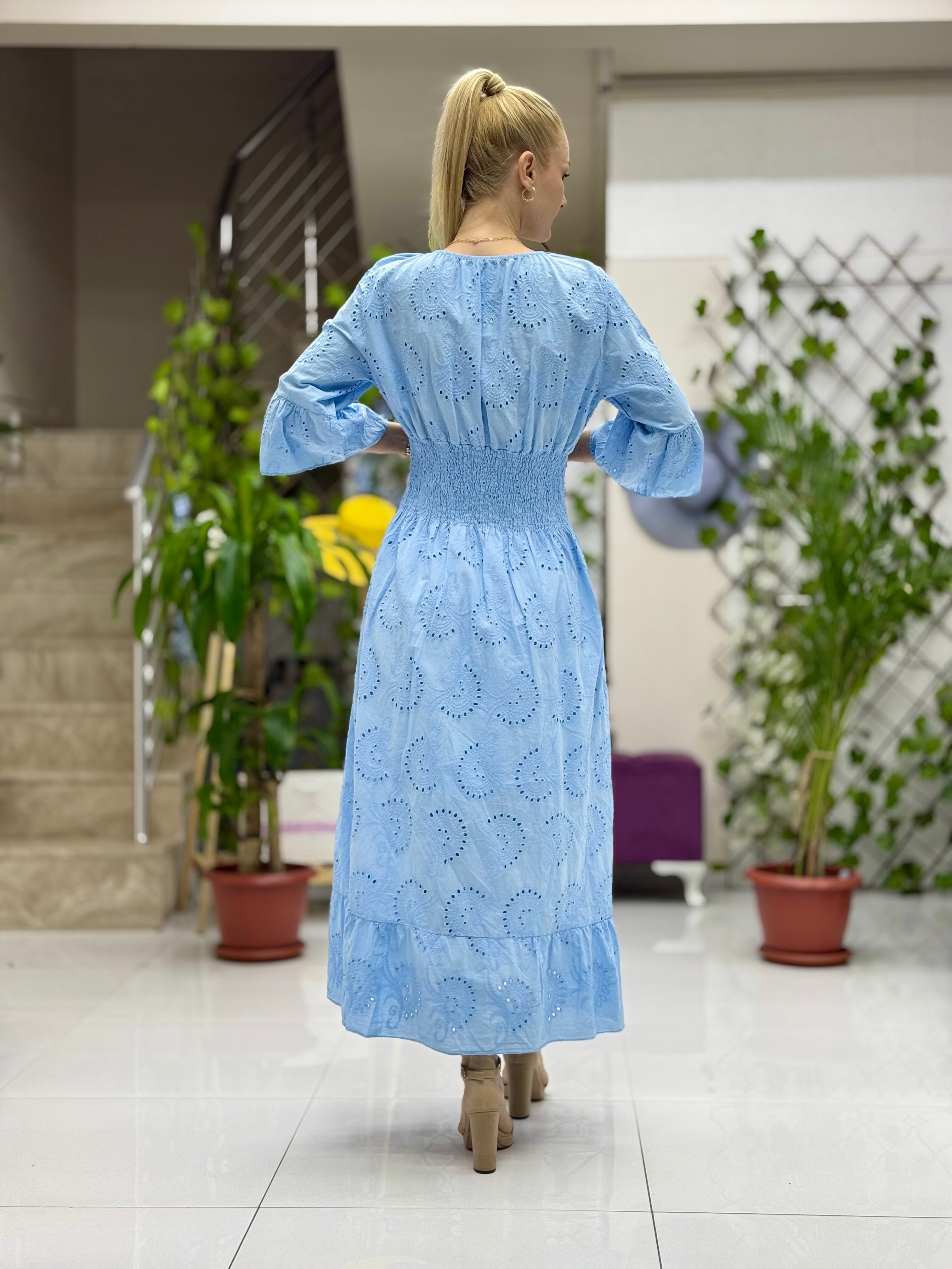 YG2050 İtalyan Brodeli Beli Lastikli Elbise Bebe Mavi