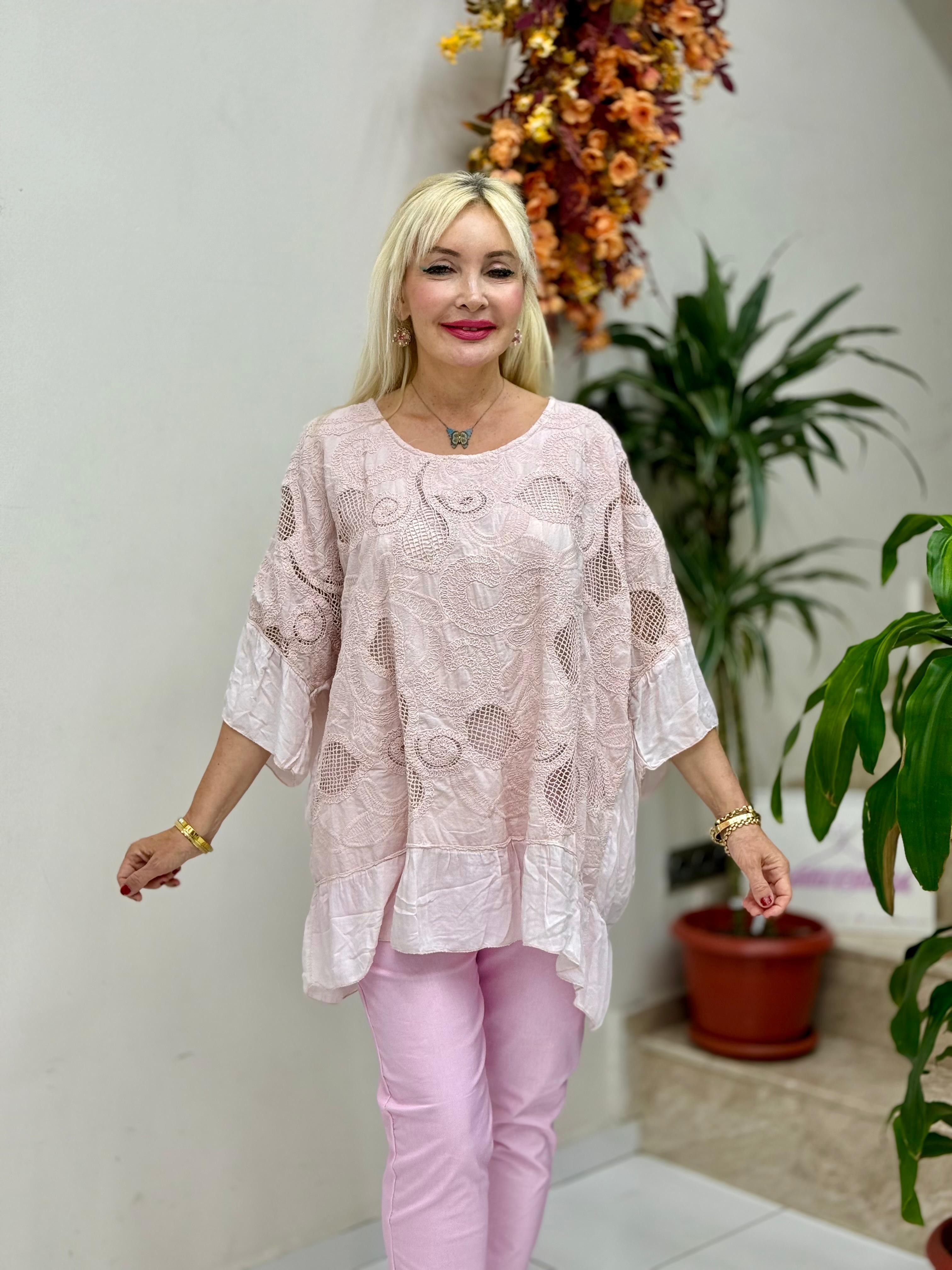 YG6221 İtalyan File Detay Coton Bluz Pudra