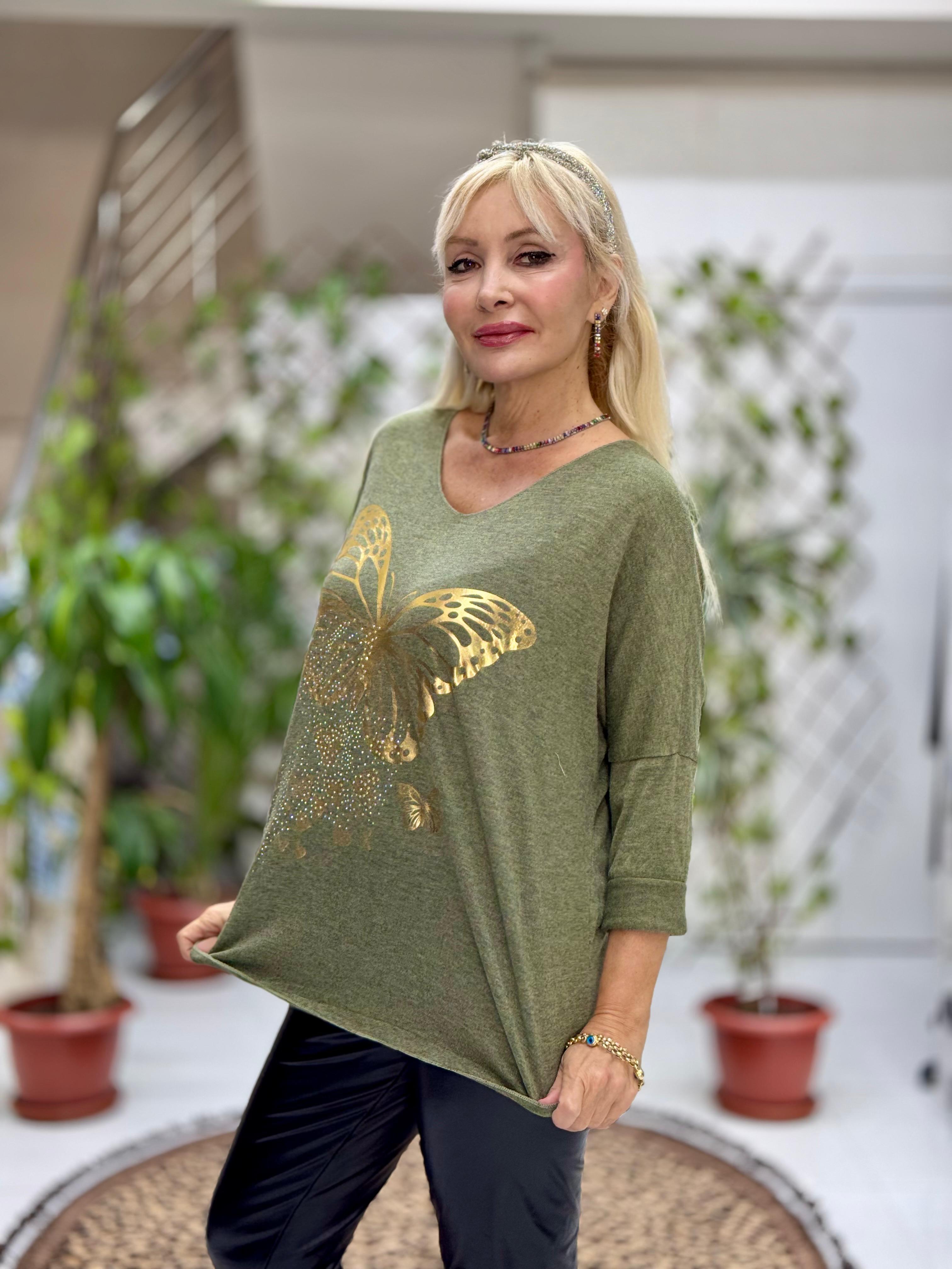 YG59100 İtalyan Taşlı ve Kelebek Baskılı Triko Bluz Haki