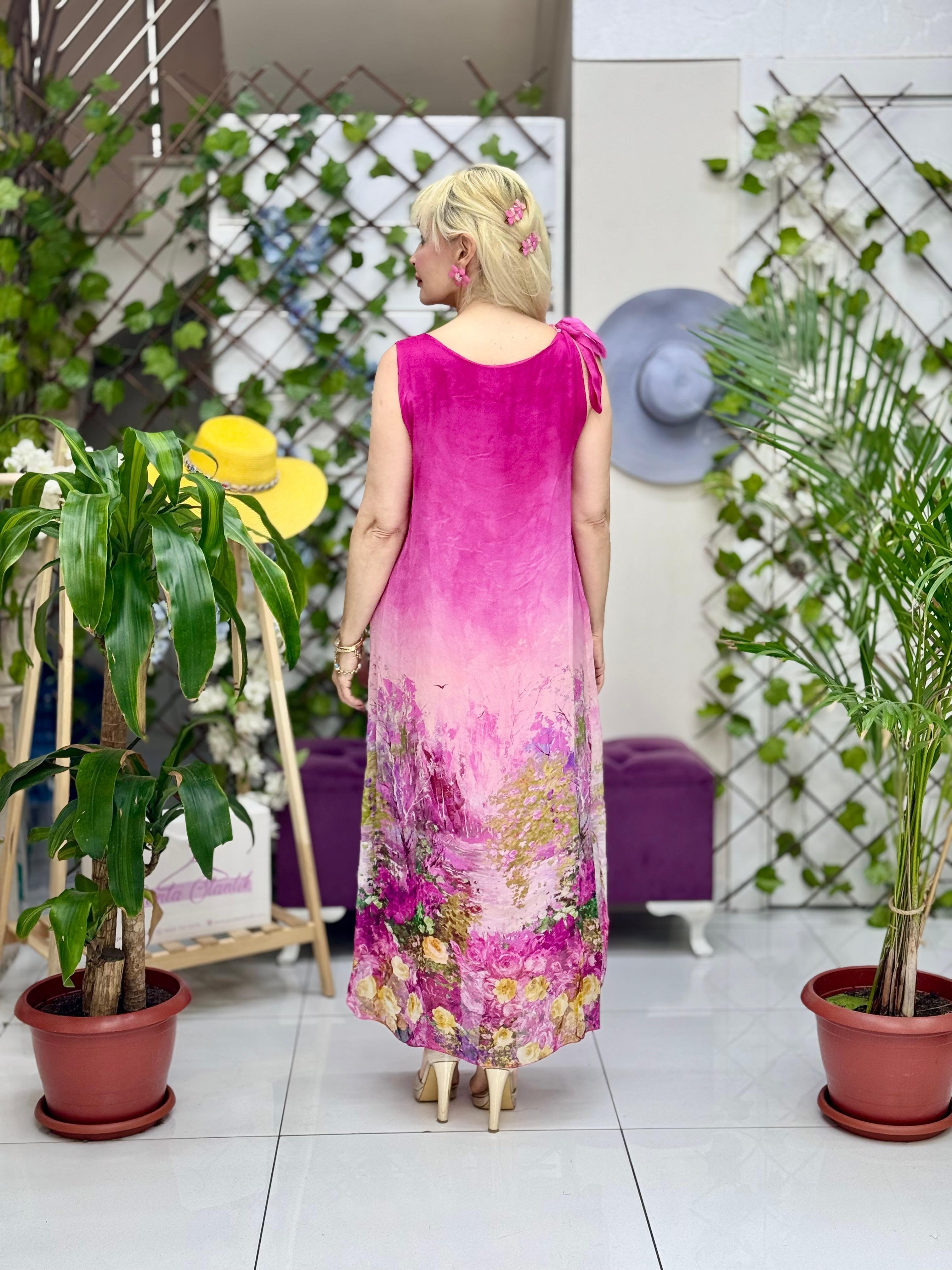 YG6204 İtalyan Omuz Bağlamalı İpek Elbise Pembe