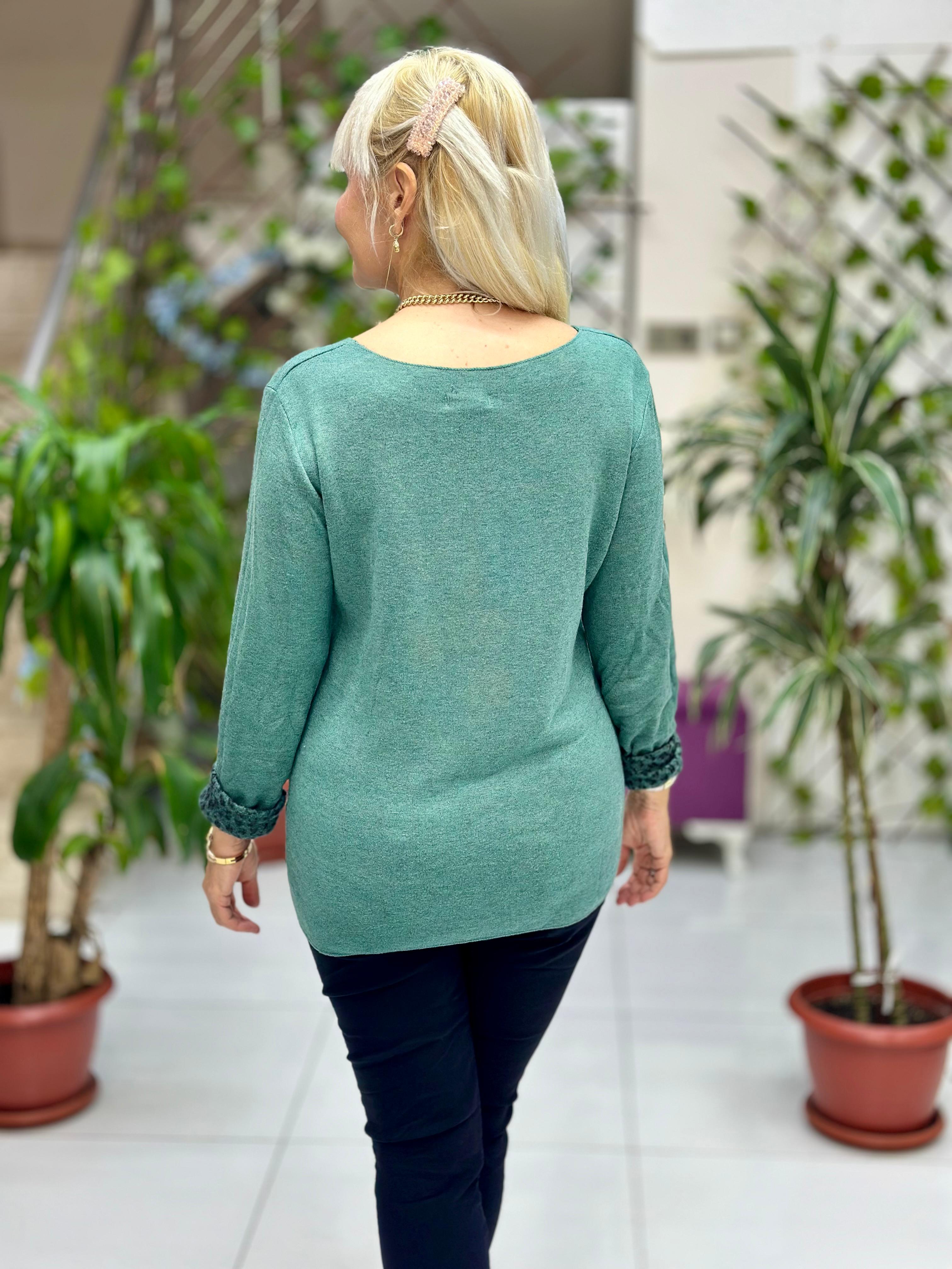 NC1202 İçi Leoparlı Yuvarlak Yaka Triko Küçük Kalıp Bluz Acı Yeşil