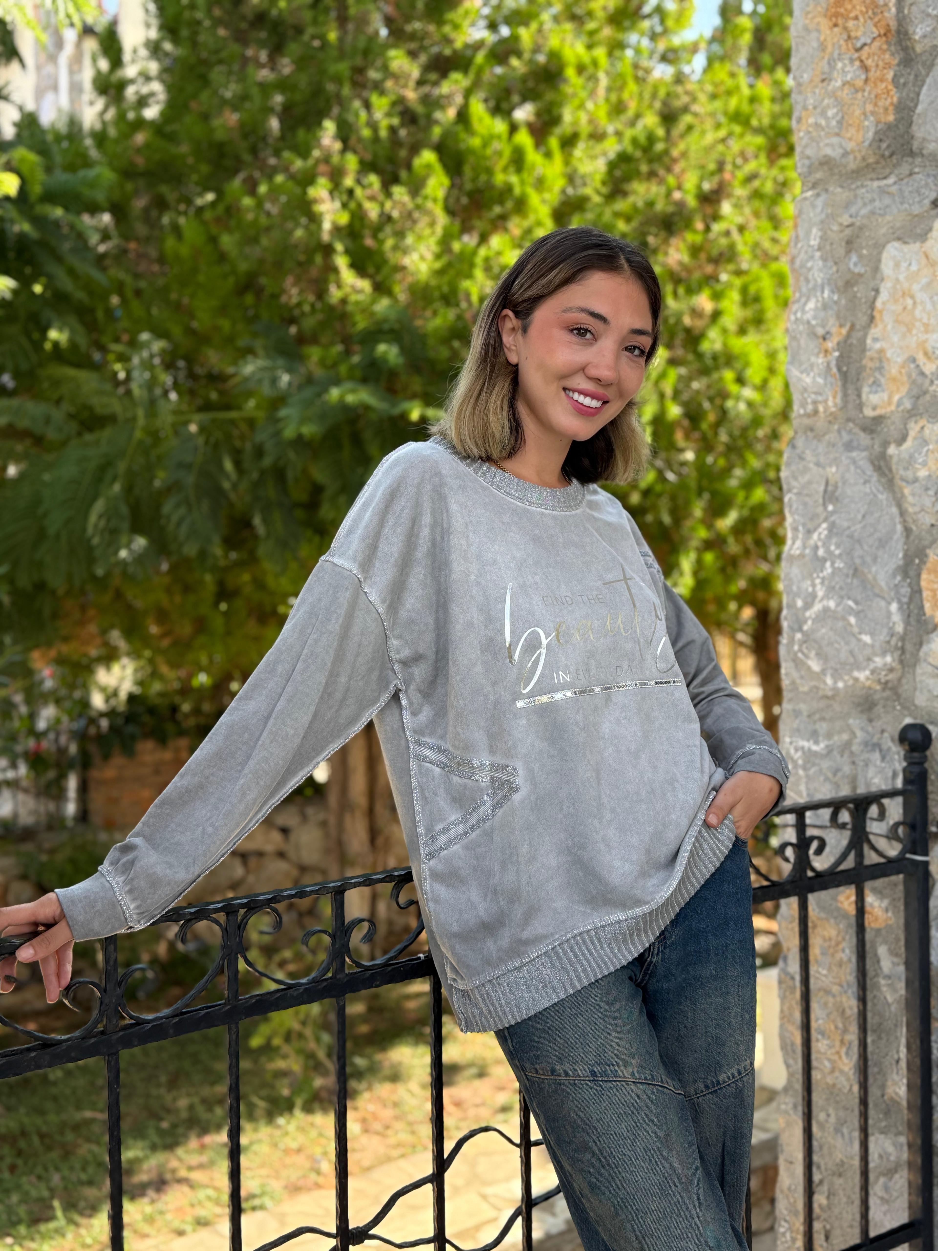 NC50793 İtalyan Beauty Yazılı Coton Sweatshirt Gri