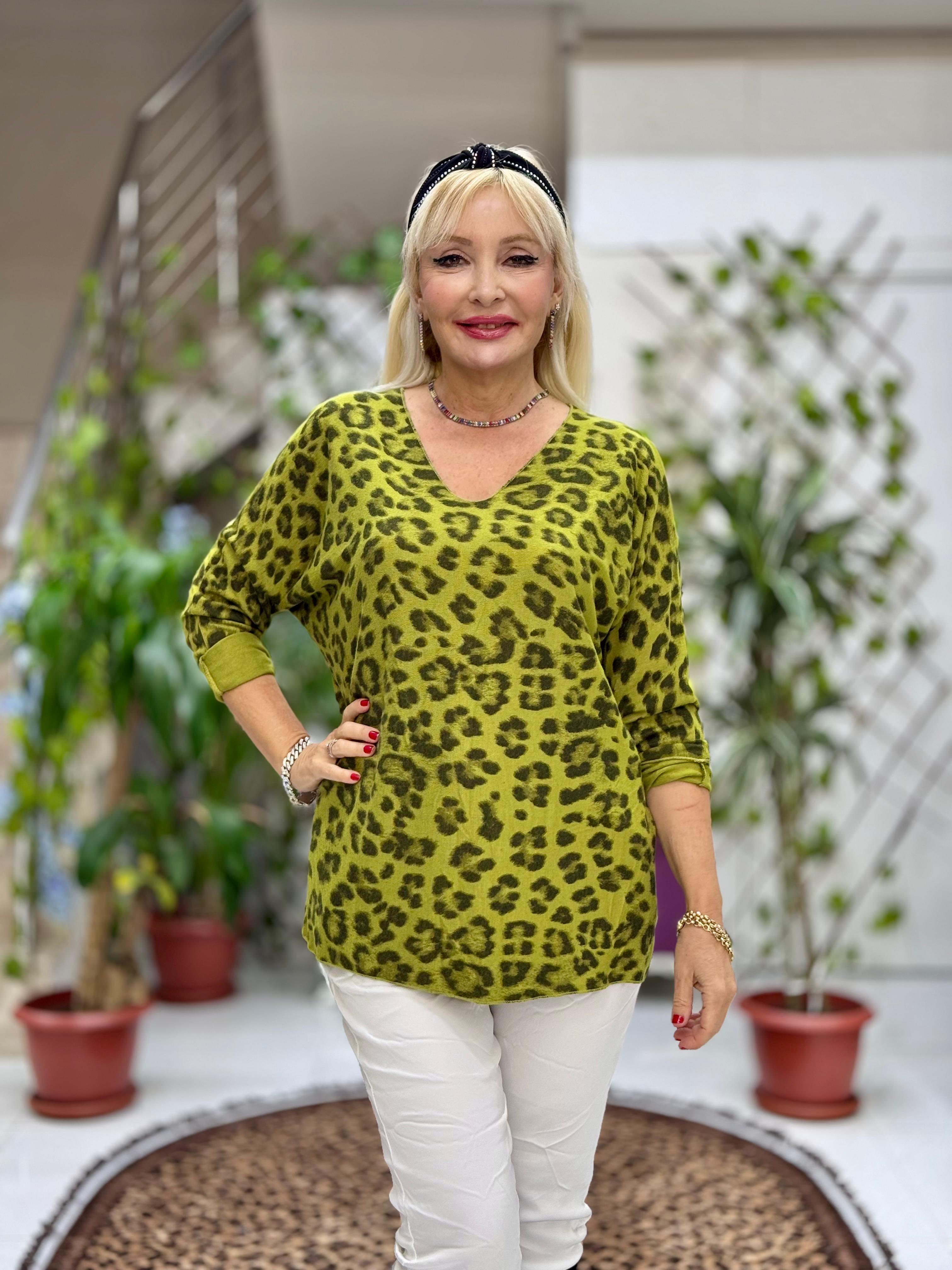 YG6266 Leopar Desenli İtalyan Triko Bluz Fıstık