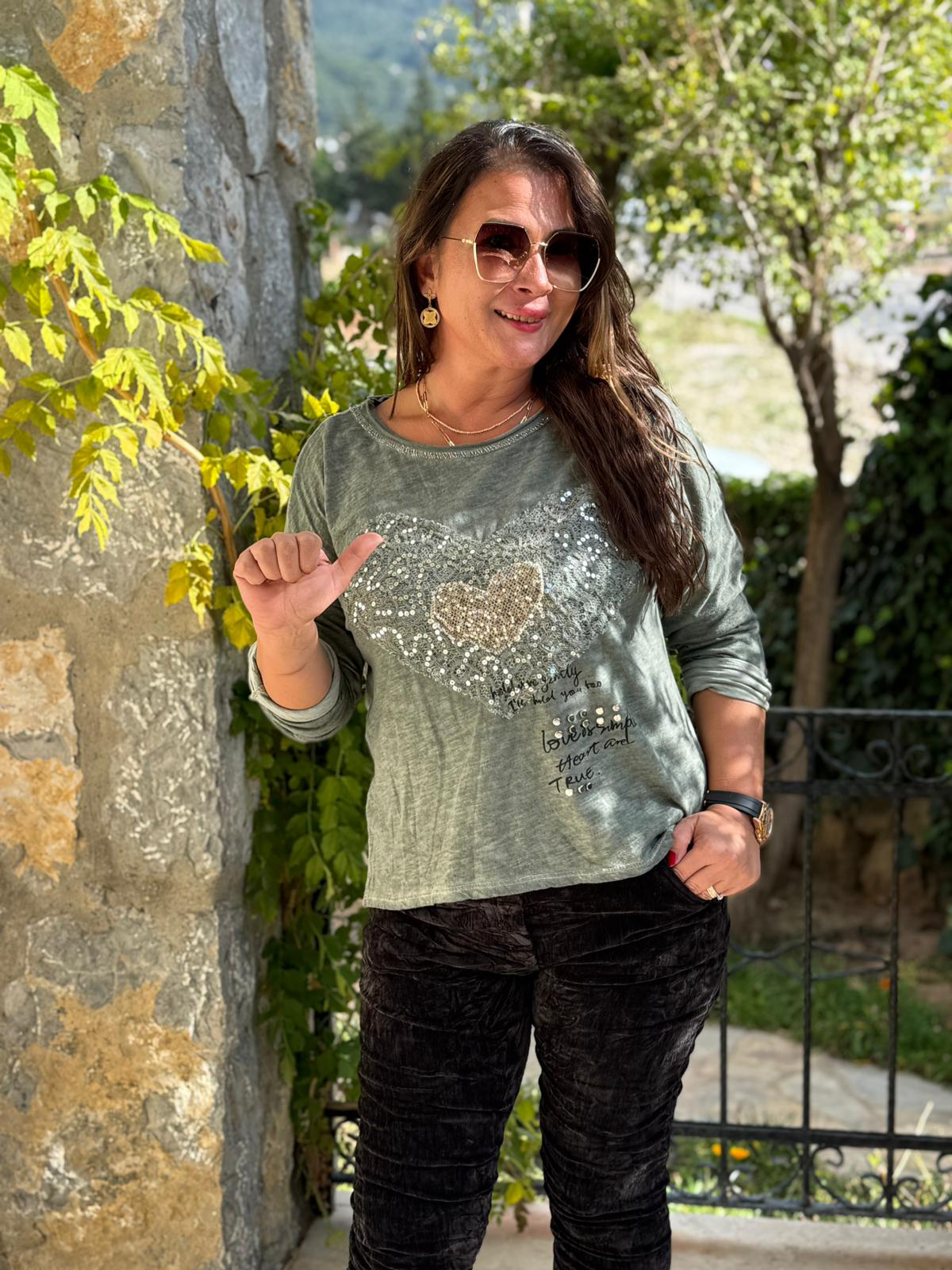 YG42030 Kalp Desenli Pullu İtalyan Triko Bluz Haki