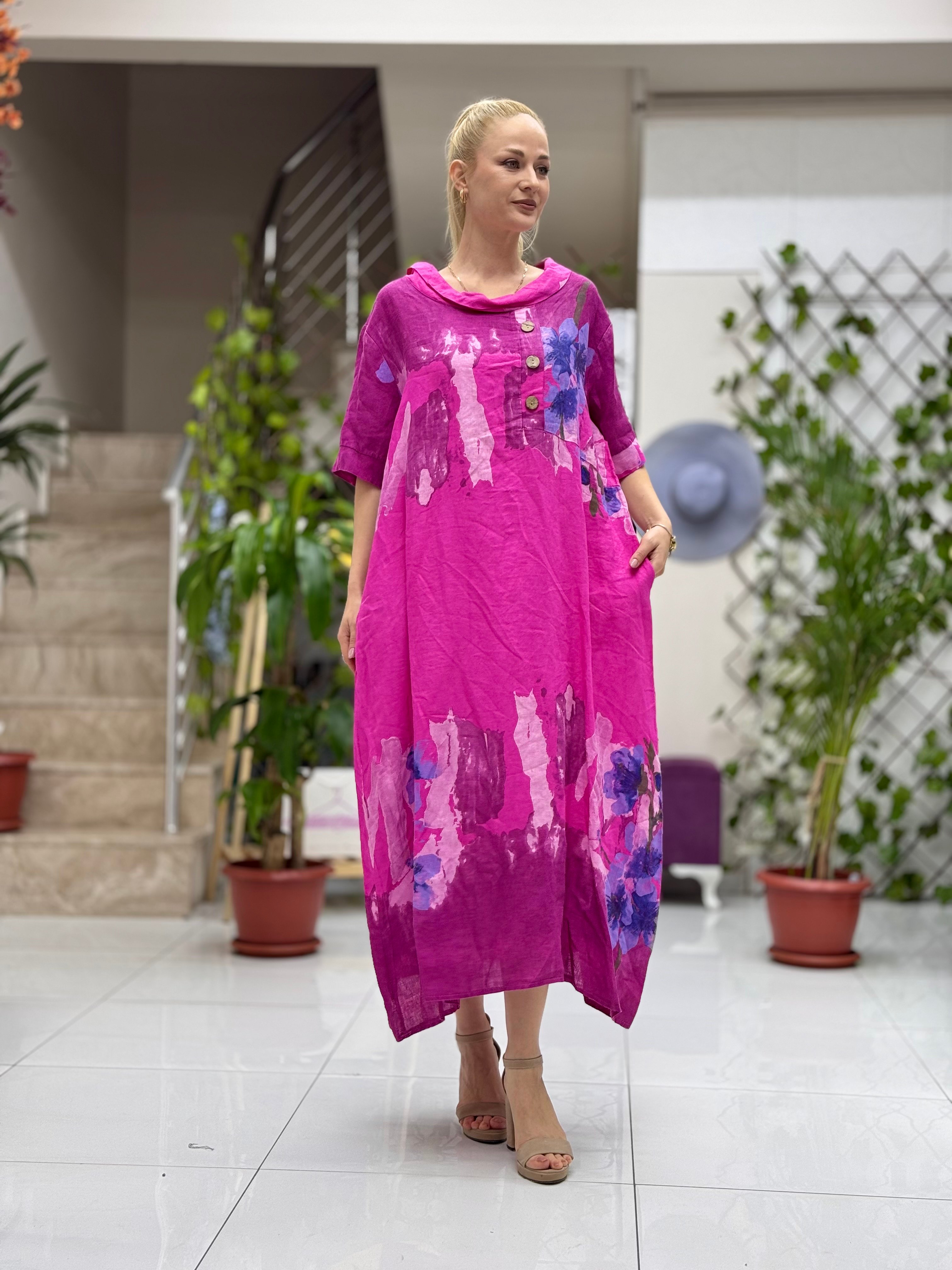 N2668 Vestido Italiano De Lino Sin Mangas Azul