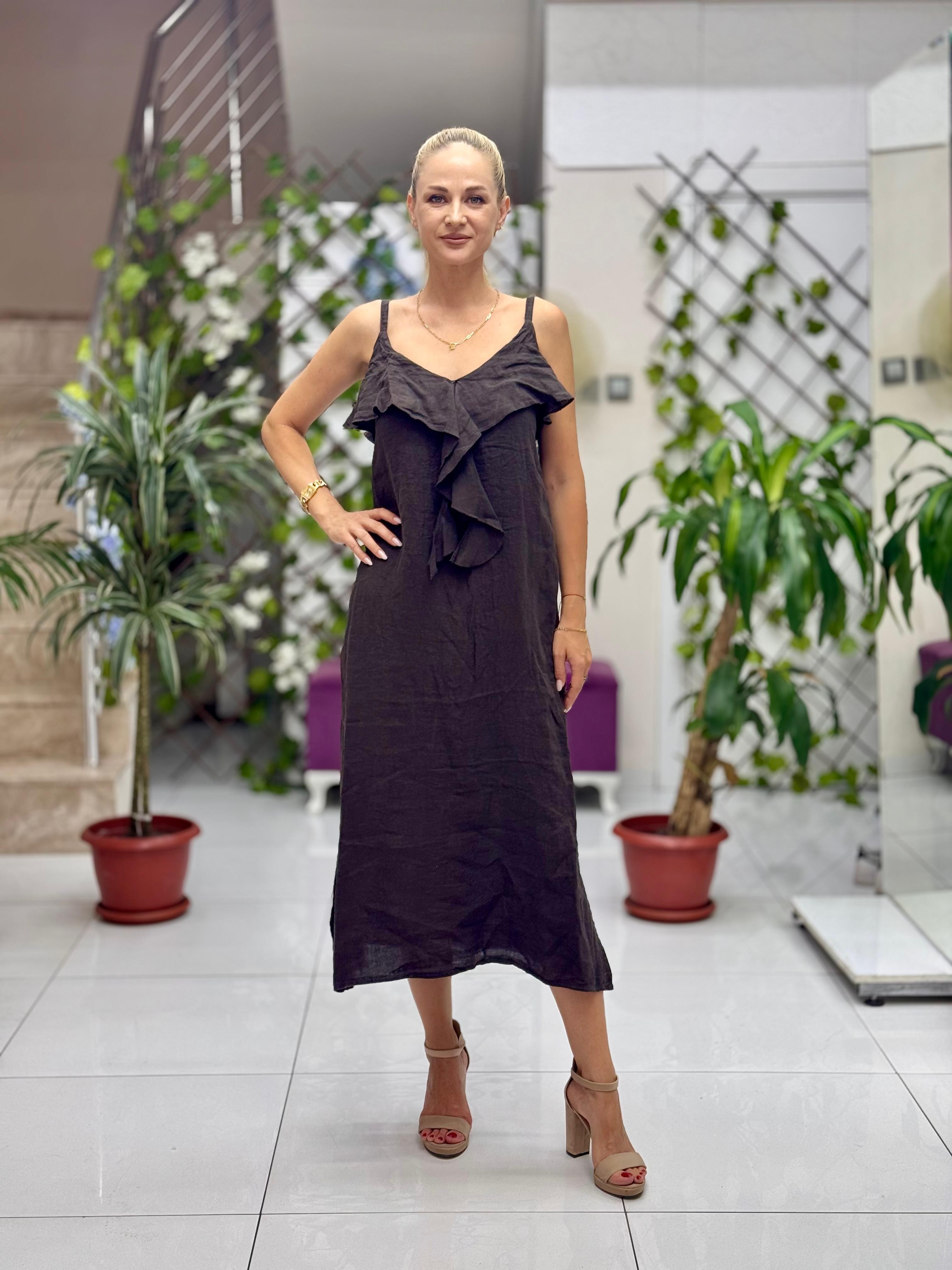 NC2132 İp Askılı Keten Önü Fırfırlı İtalyan Elbise Kahve