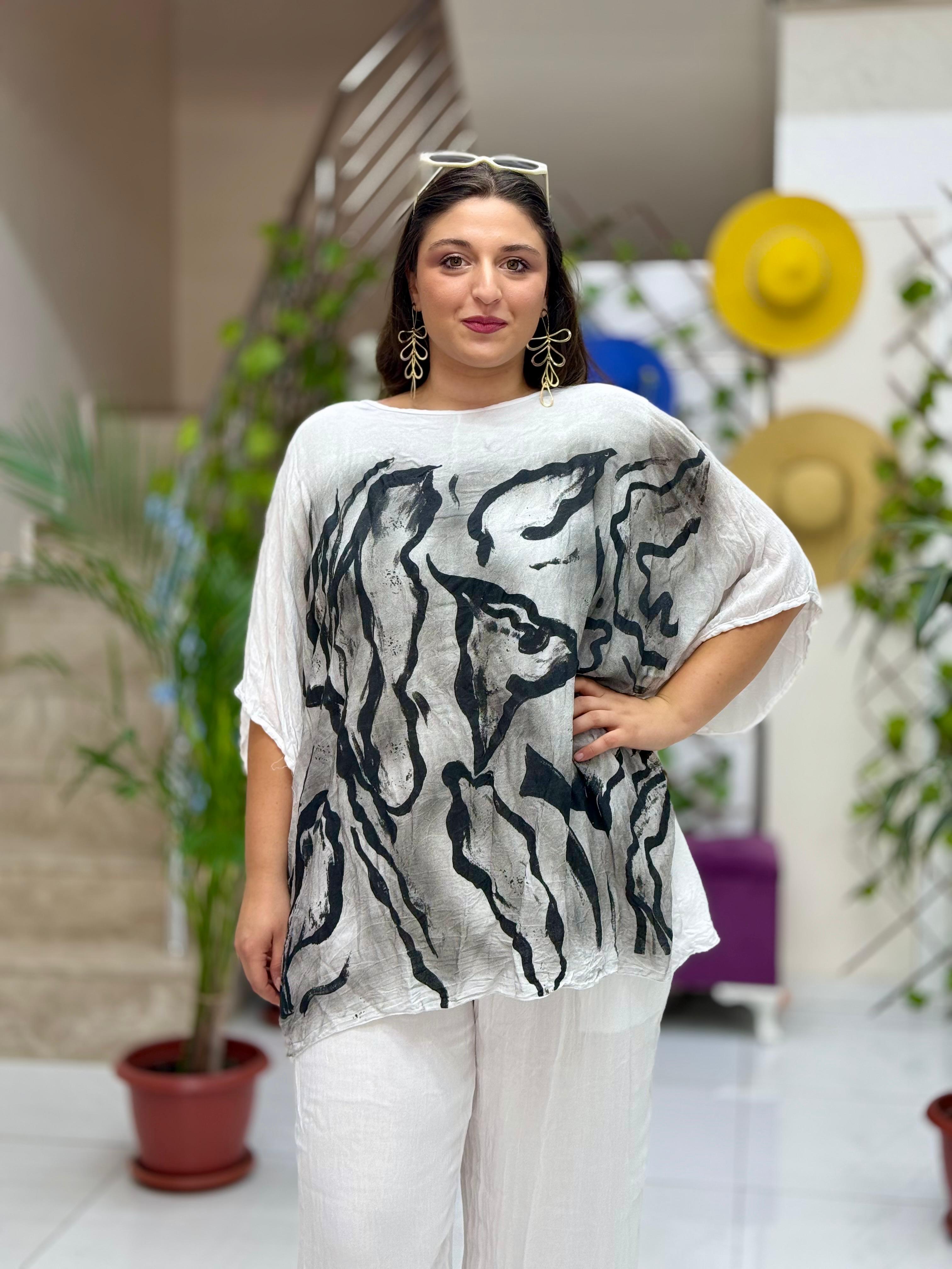 VL3009 Yarasa Kol Baskılı Vual Bluz Beyaz