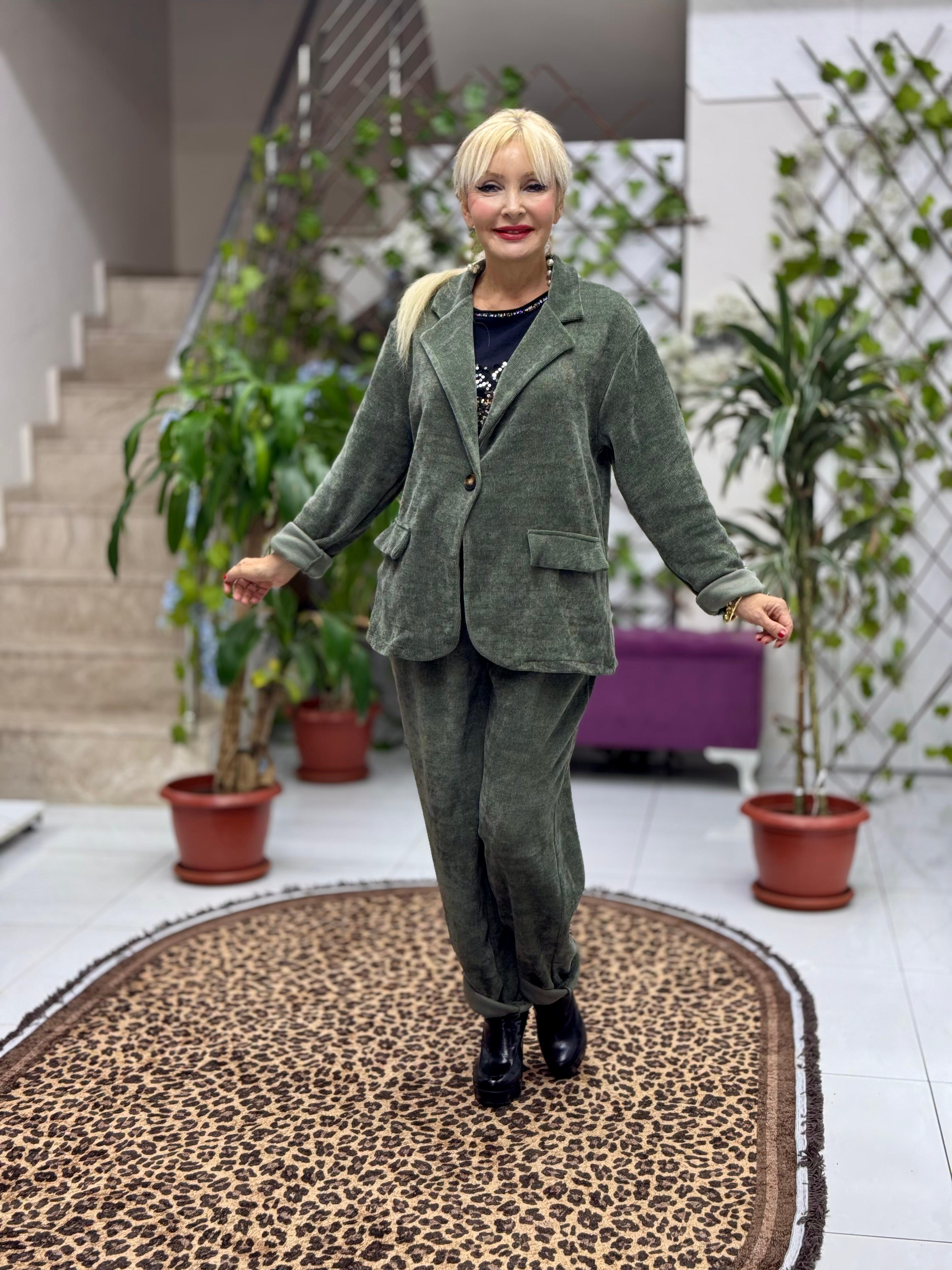 YG683089 Tek Düğme İtalyan Ceket Pantolon Kadife Takım Haki