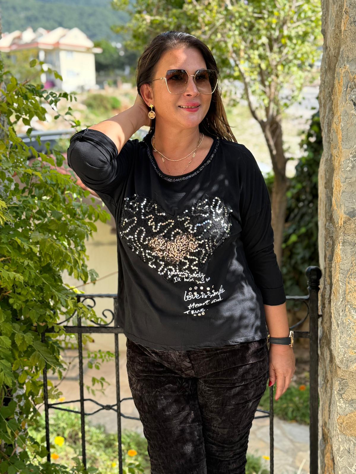 YG42030 Kalp Desenli Pullu İtalyan Triko Bluz Siyah