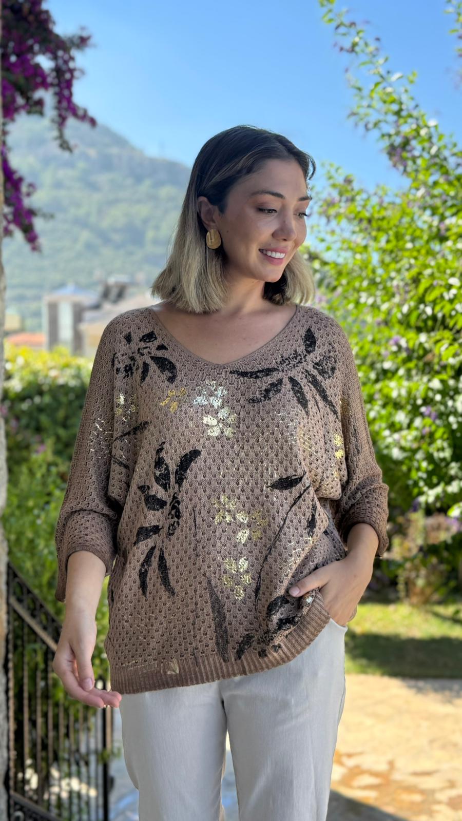 LS7514 İtalyan Yaprak Desen Triko Bluz Camel