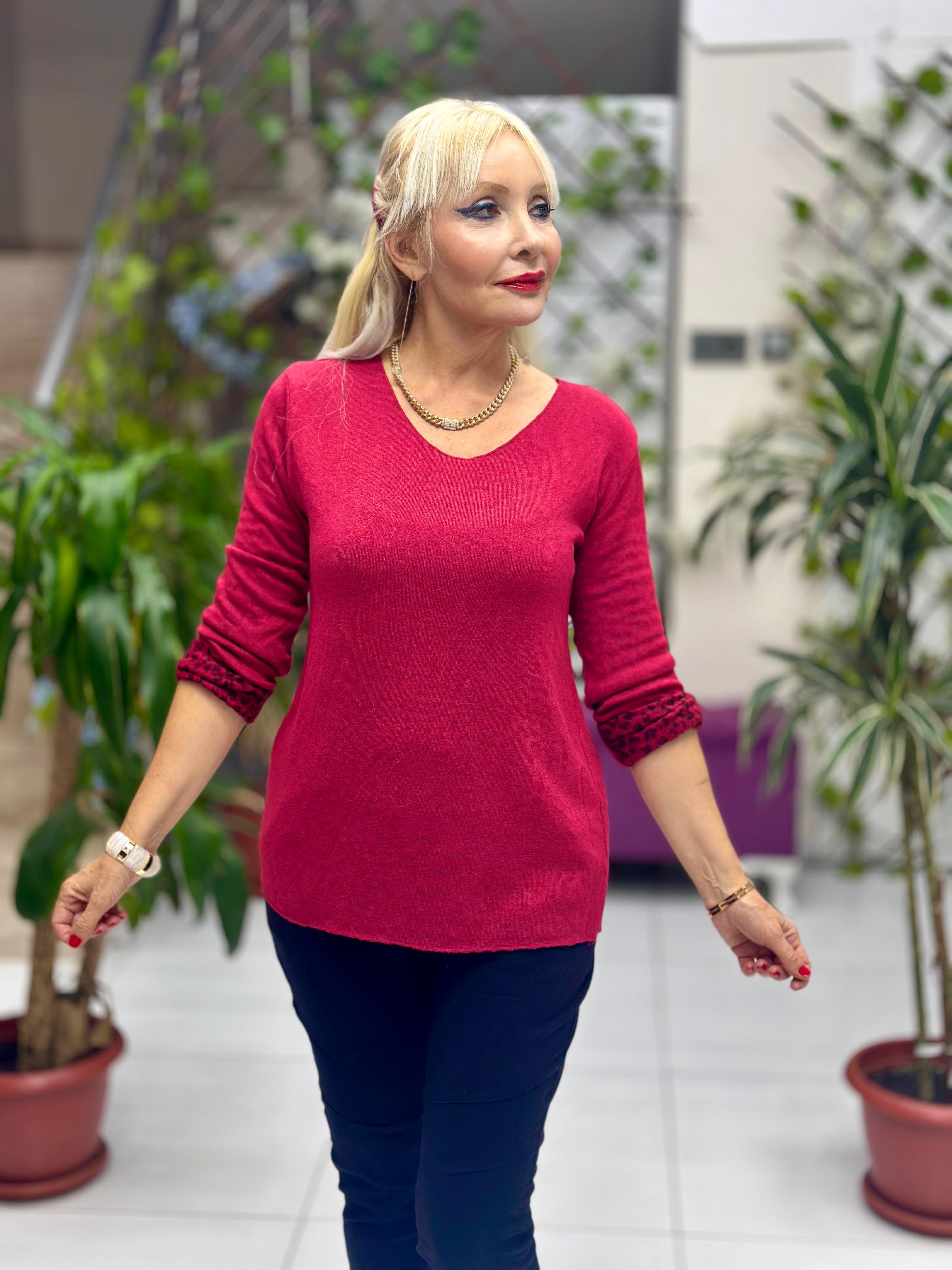 NC1202 İçi Leoparlı Yuvarlak Yaka Triko Küçük Kalıp Bluz Bordo