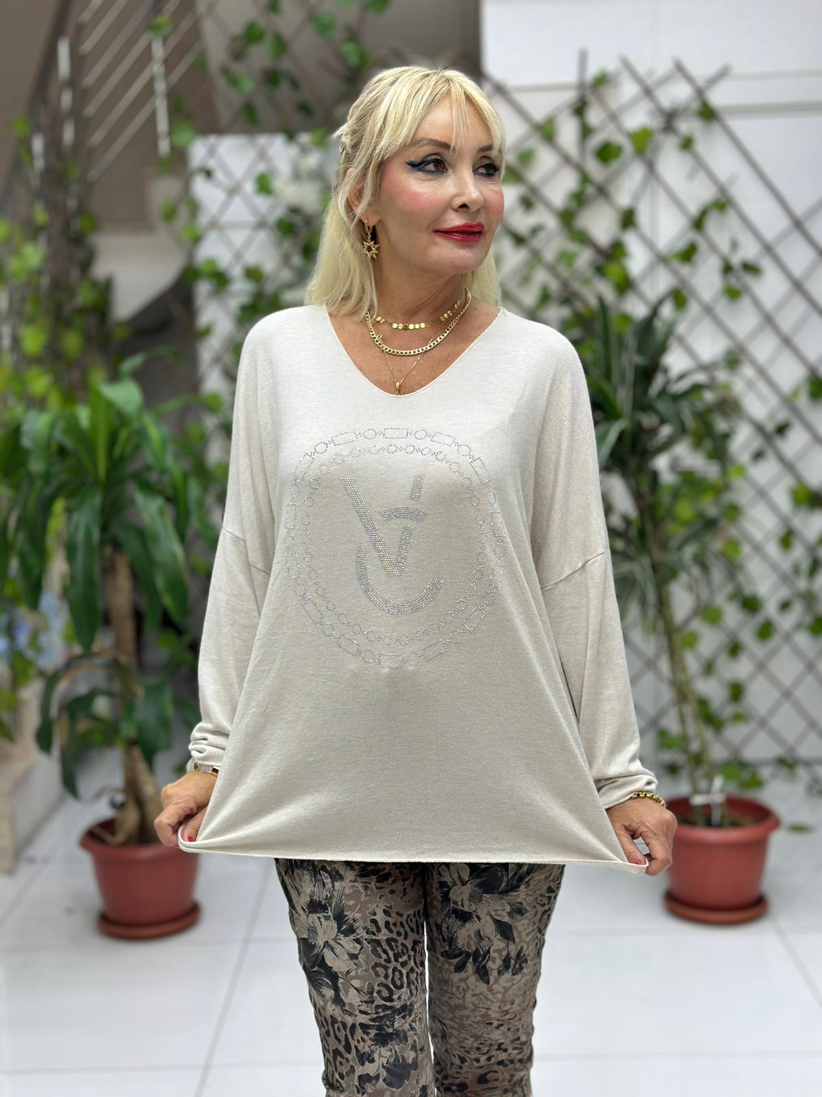 LS82681 İtalyan Taş Baskılı Triko Bluz Bej