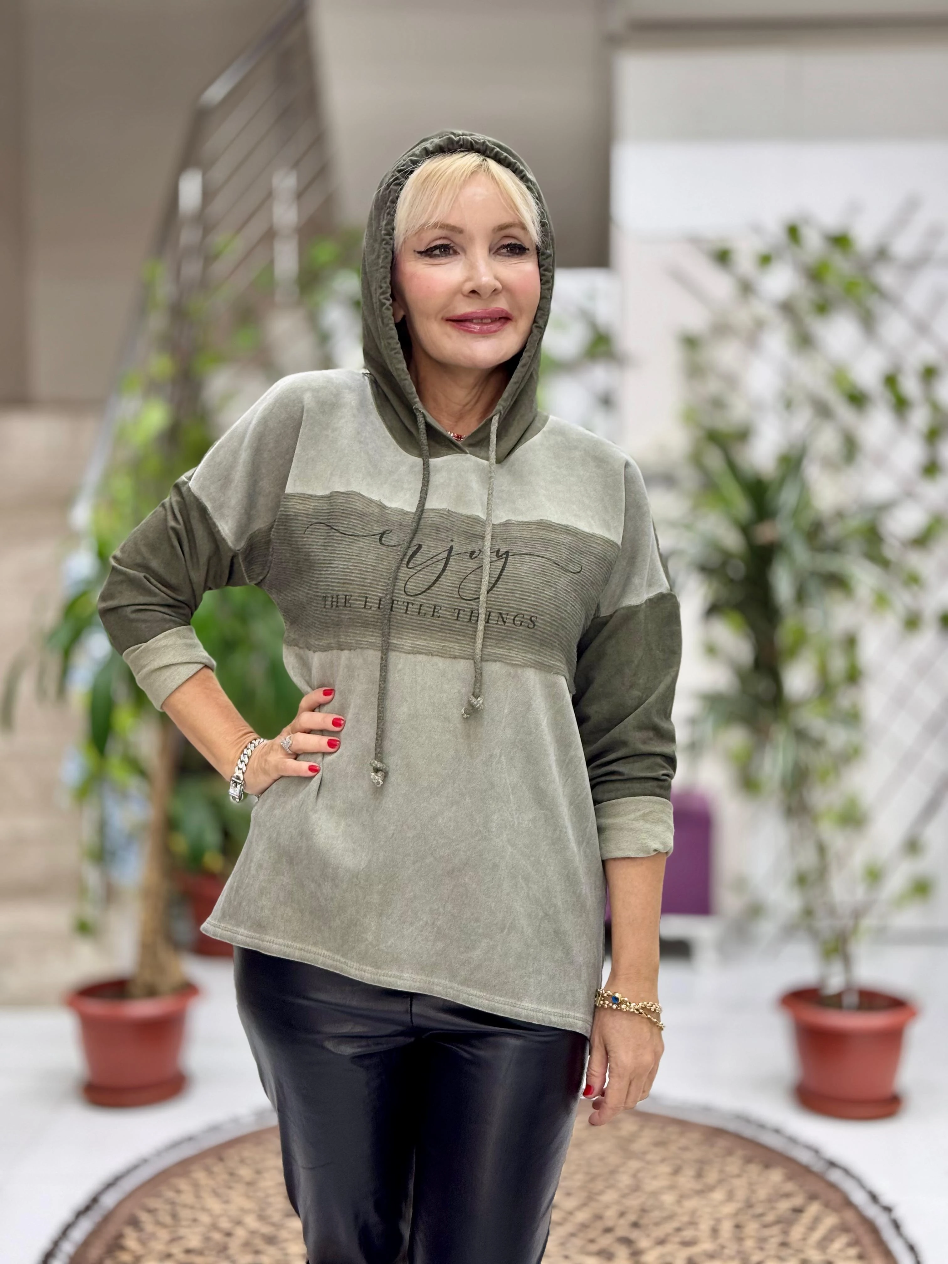 NC56868 İtalyan Enjoy Yazılı Kapüşonlu Coton Sweatshirt Haki