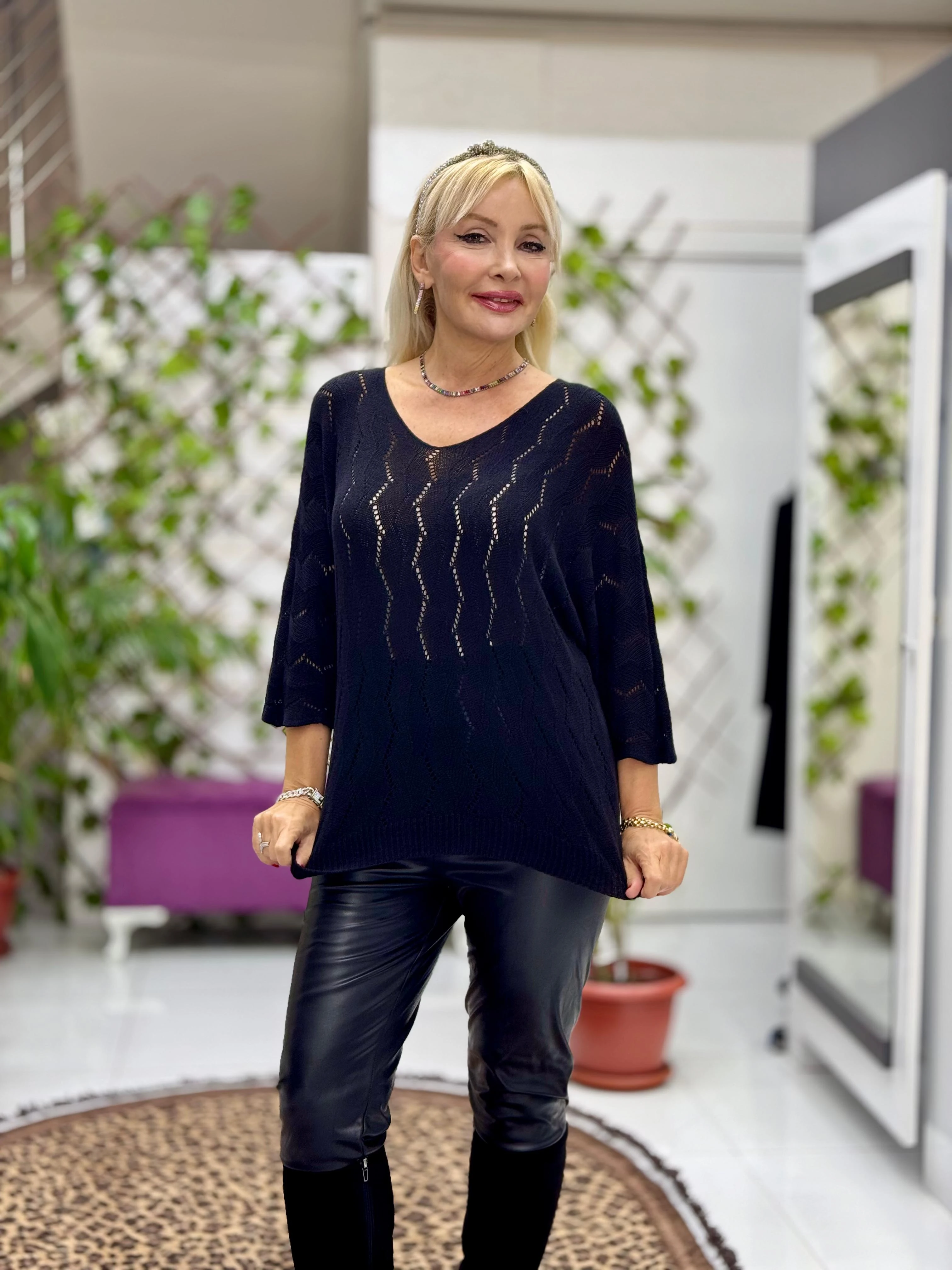 NC6071 İtalyan Fakir Kol Zikzak Desenli İnce Triko Bluz Siyah