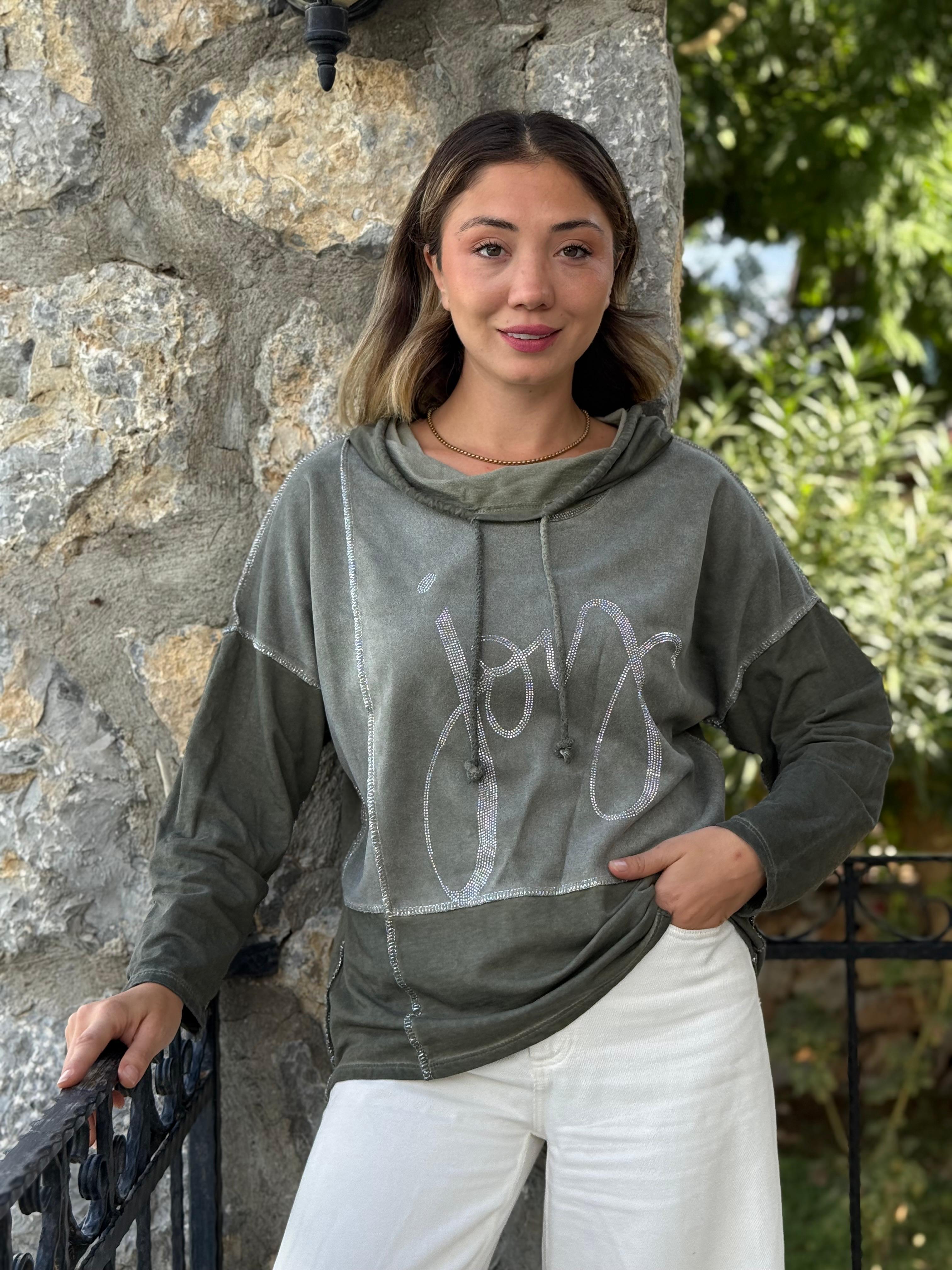 NC8533C İtalyan Joy Taşlı Kapüşonlu Coton Sweatshirt Haki