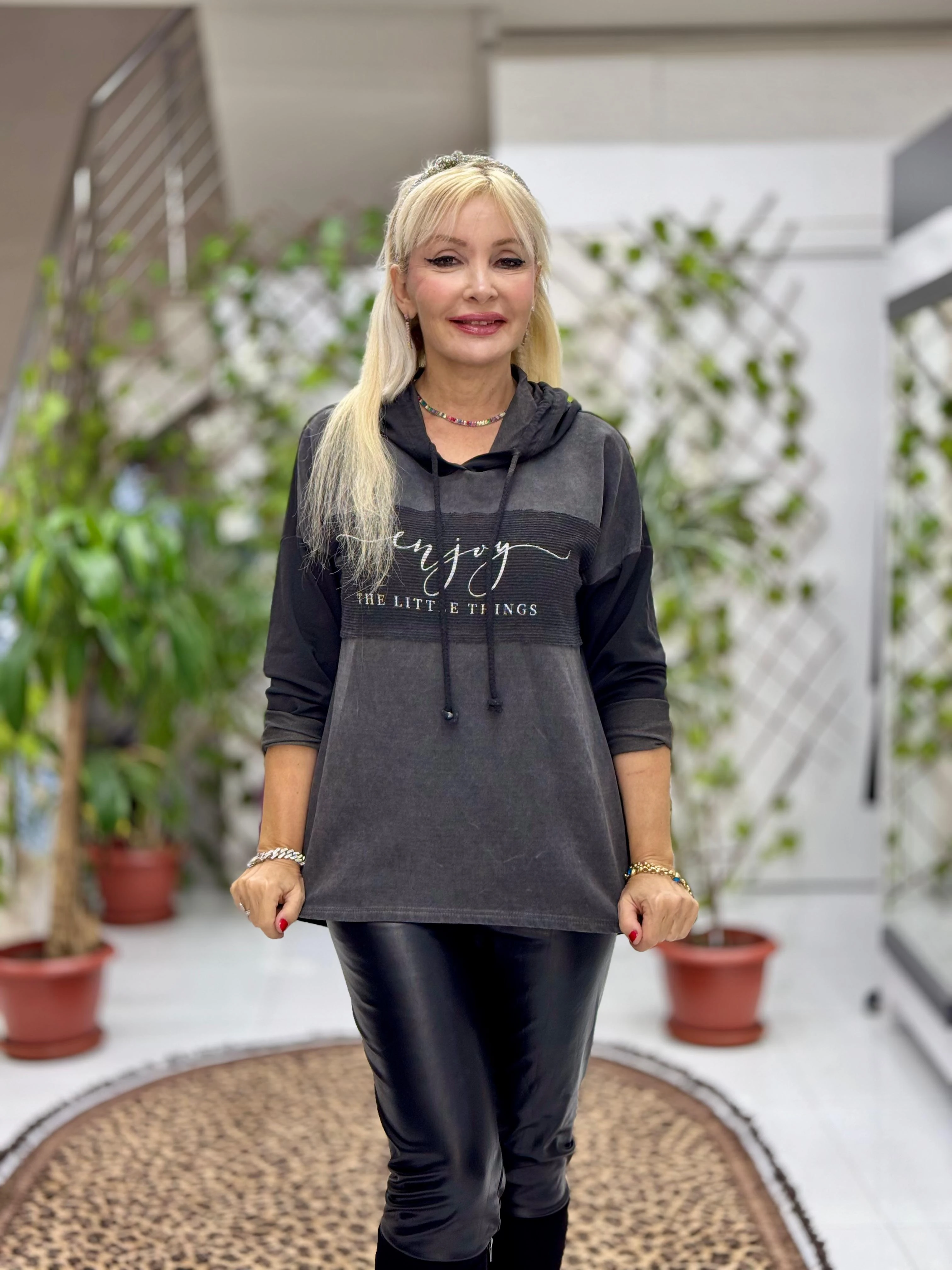 NC56868 İtalyan Enjoy Yazılı Kapüşonlu Coton Sweatshirt Siyah