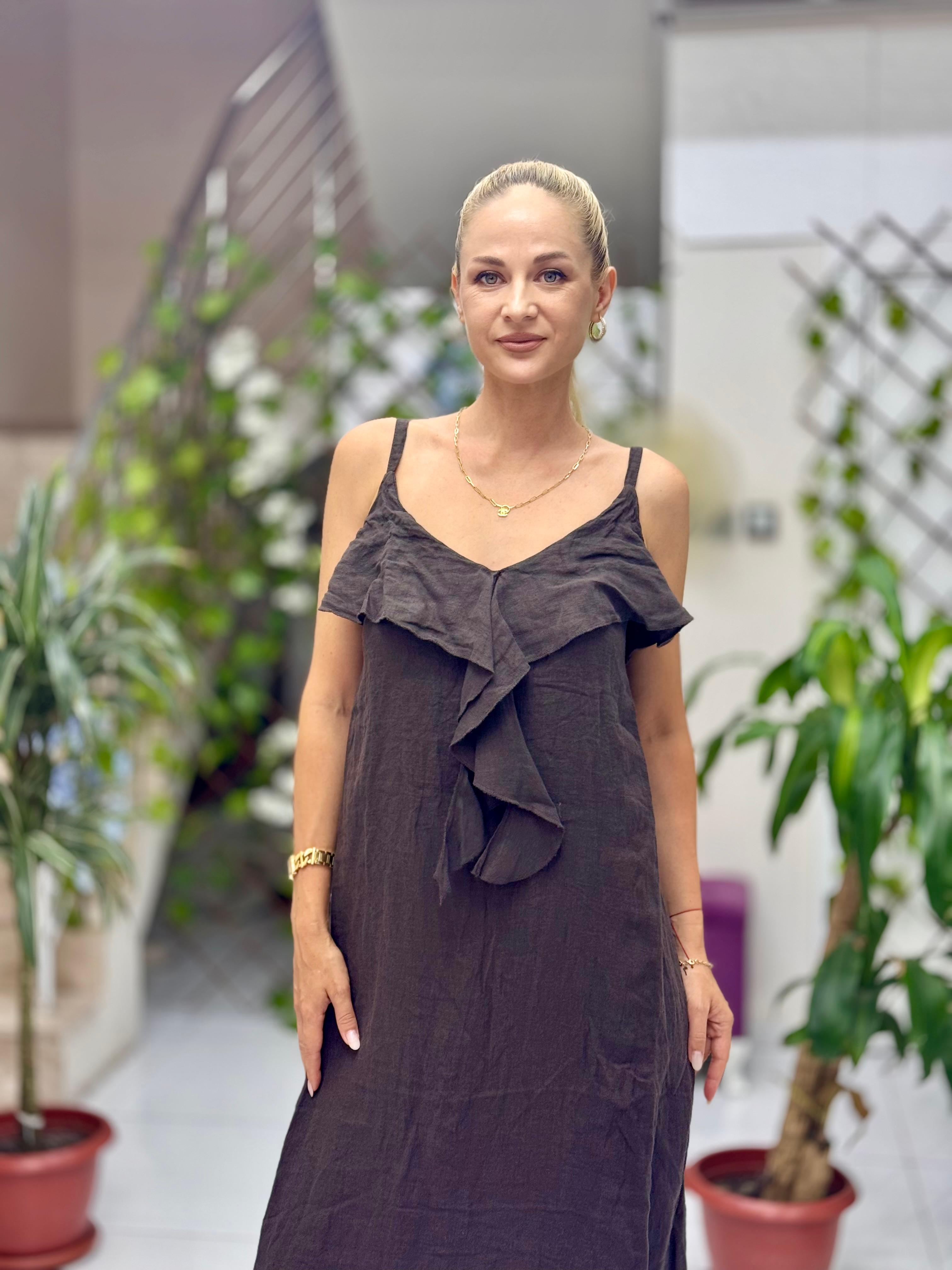 NC2132 İp Askılı Keten Önü Fırfırlı İtalyan Elbise Kahve