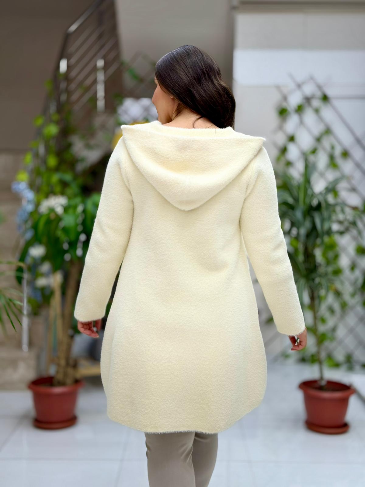 N33035 Kapüşonlu Cepli Angora Kaban Krem