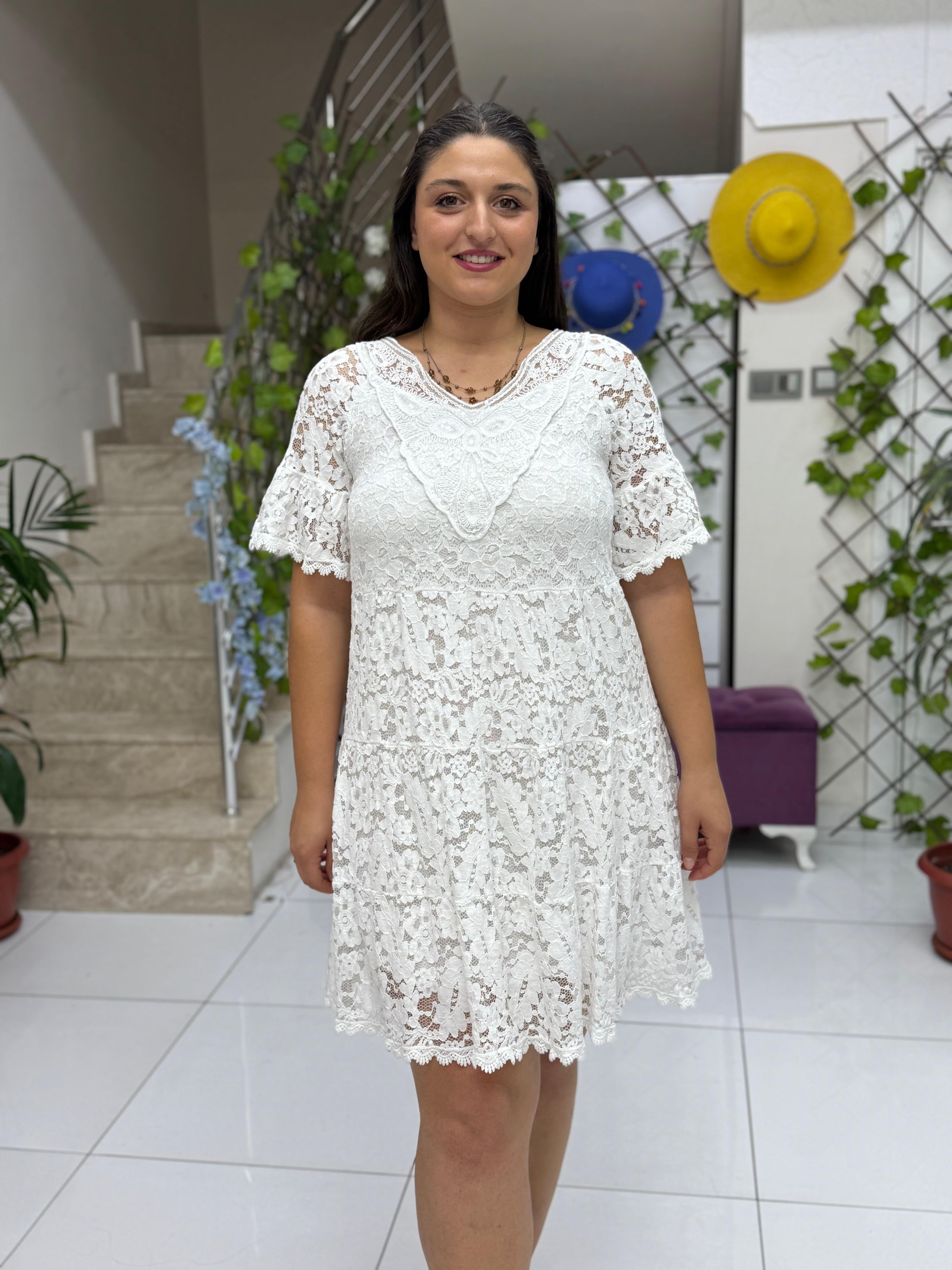 NC6793 Yarım Kol Coton İtalyan Dantelli Mini Elbise Beyaz
