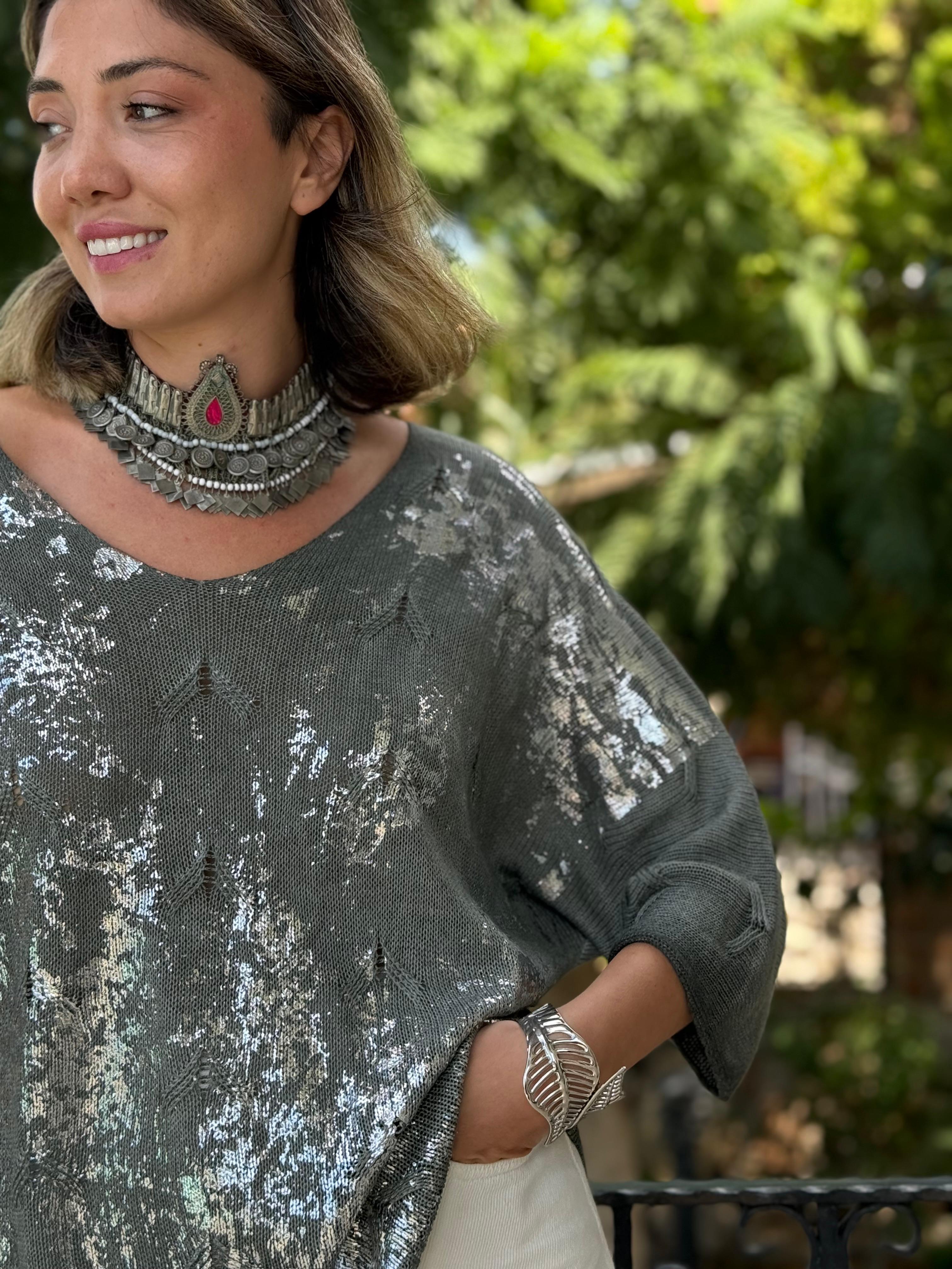 NC6016 İtalyan Fakir Kol Baskılı İnce Triko Bluz Haki